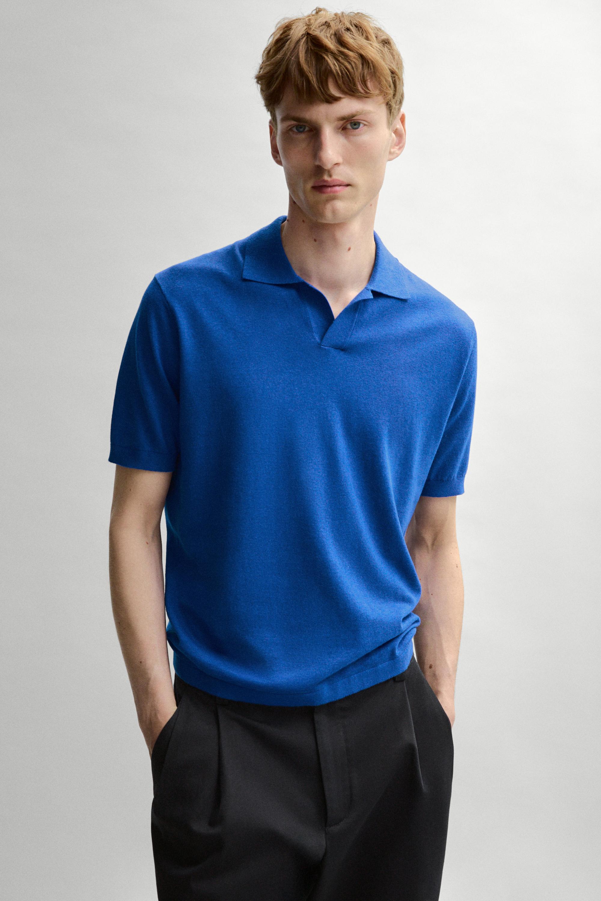 Cotton and linen knit polo sweater — Blue