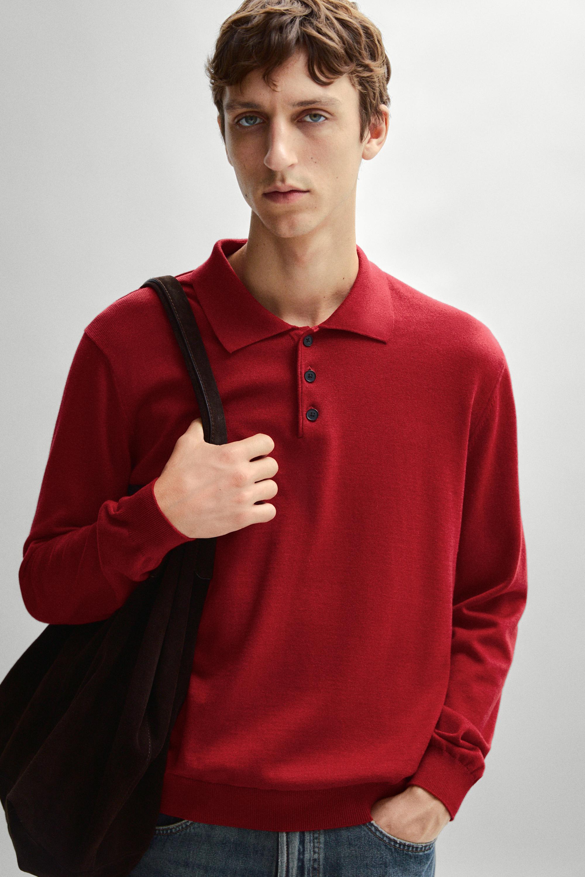 100% cotton knit polo sweater — RED
