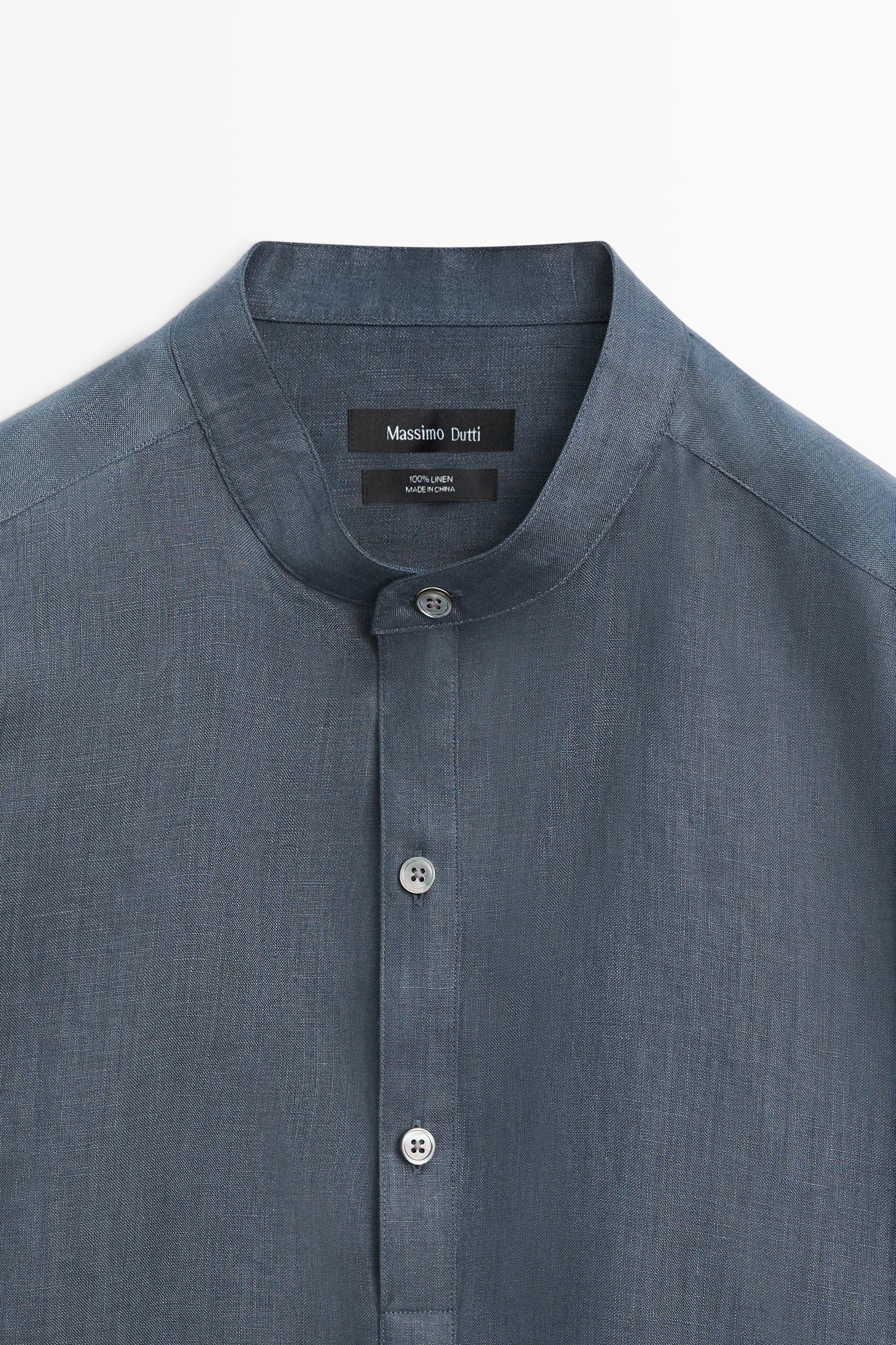 Regular fit stand collar 100% linen shirt — PETROLEUM