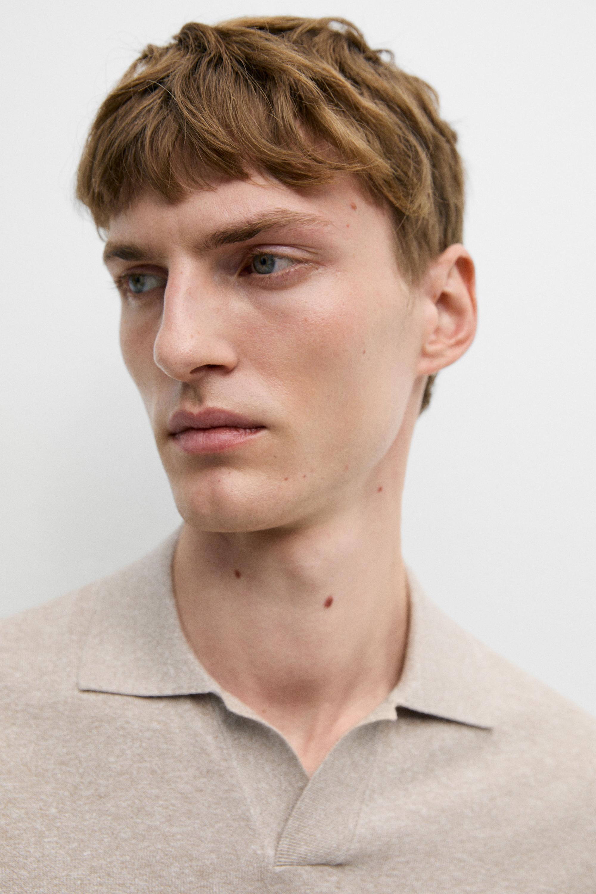 Cotton and linen knit polo sweater — BEIGE