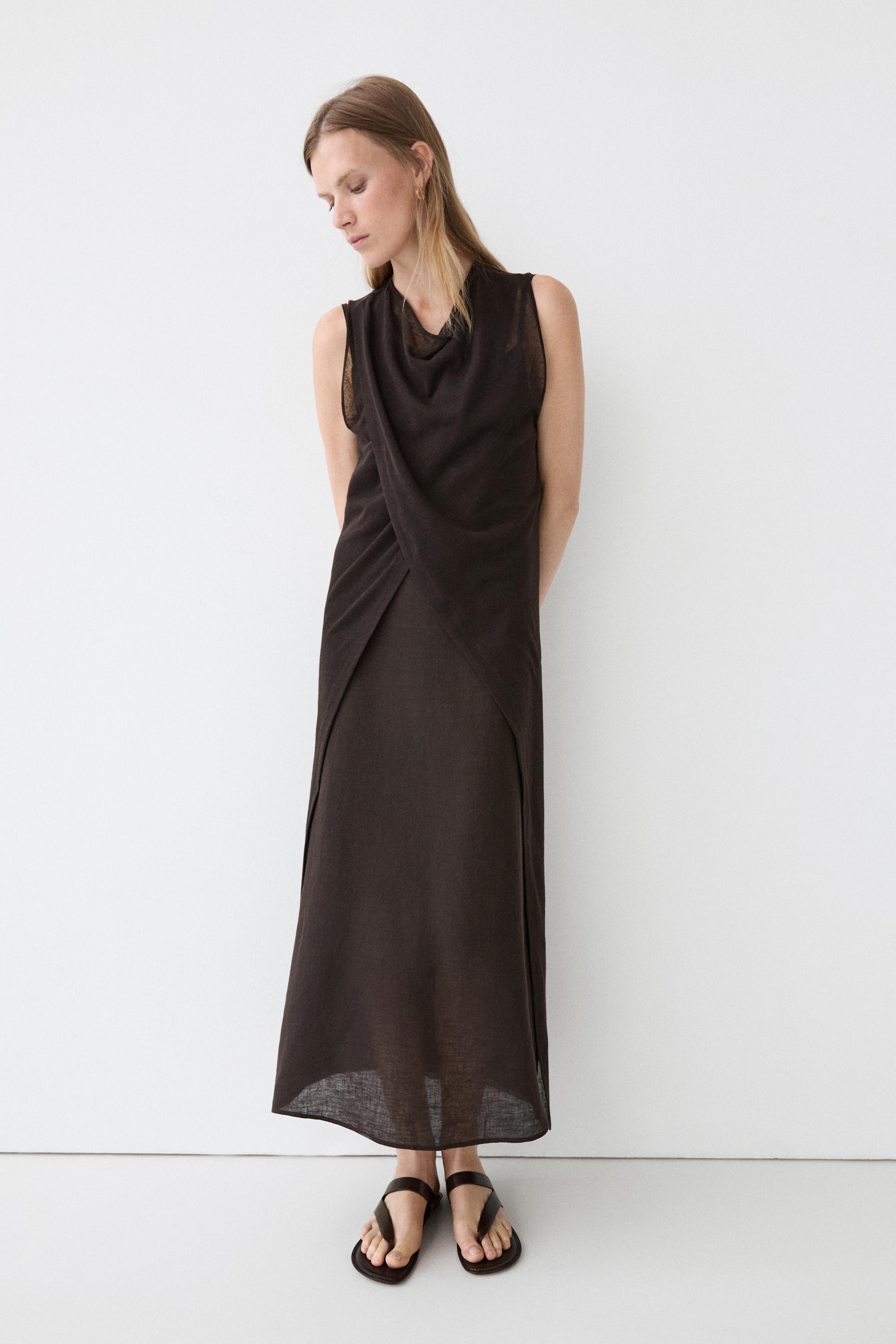 Linen blend crossover dress — BROWN