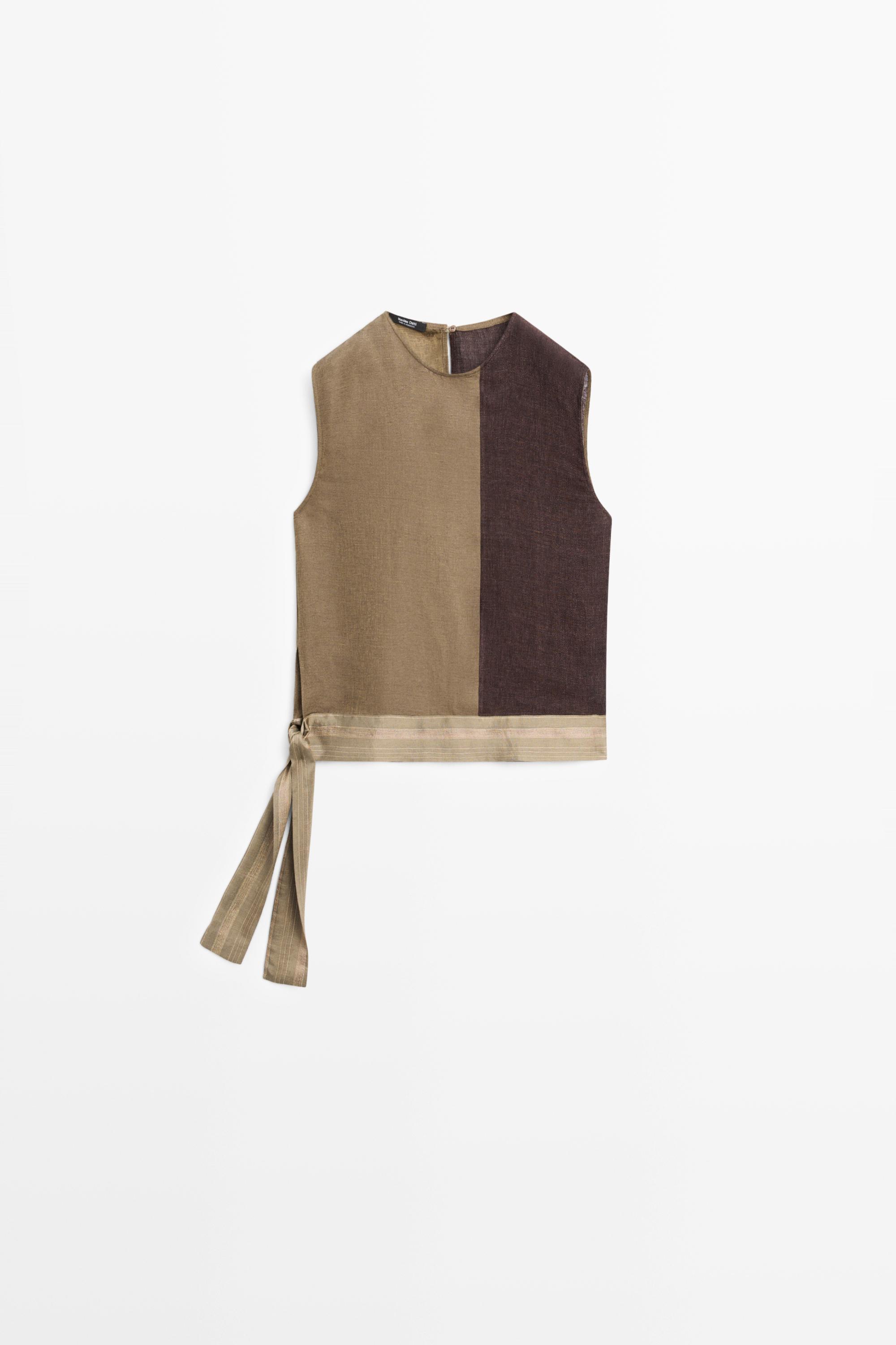 Linen-blend color-block flowing top — BROWN