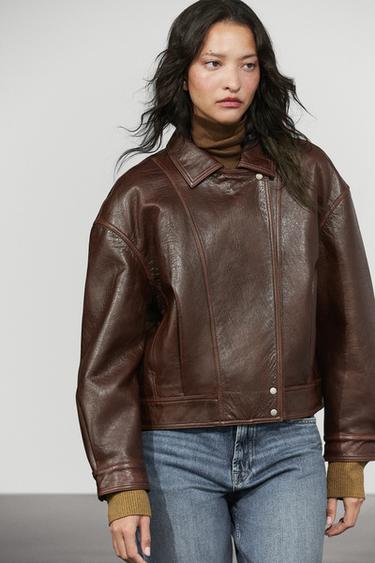 Pleated-detail Nappa leather jacket — BROWN 8