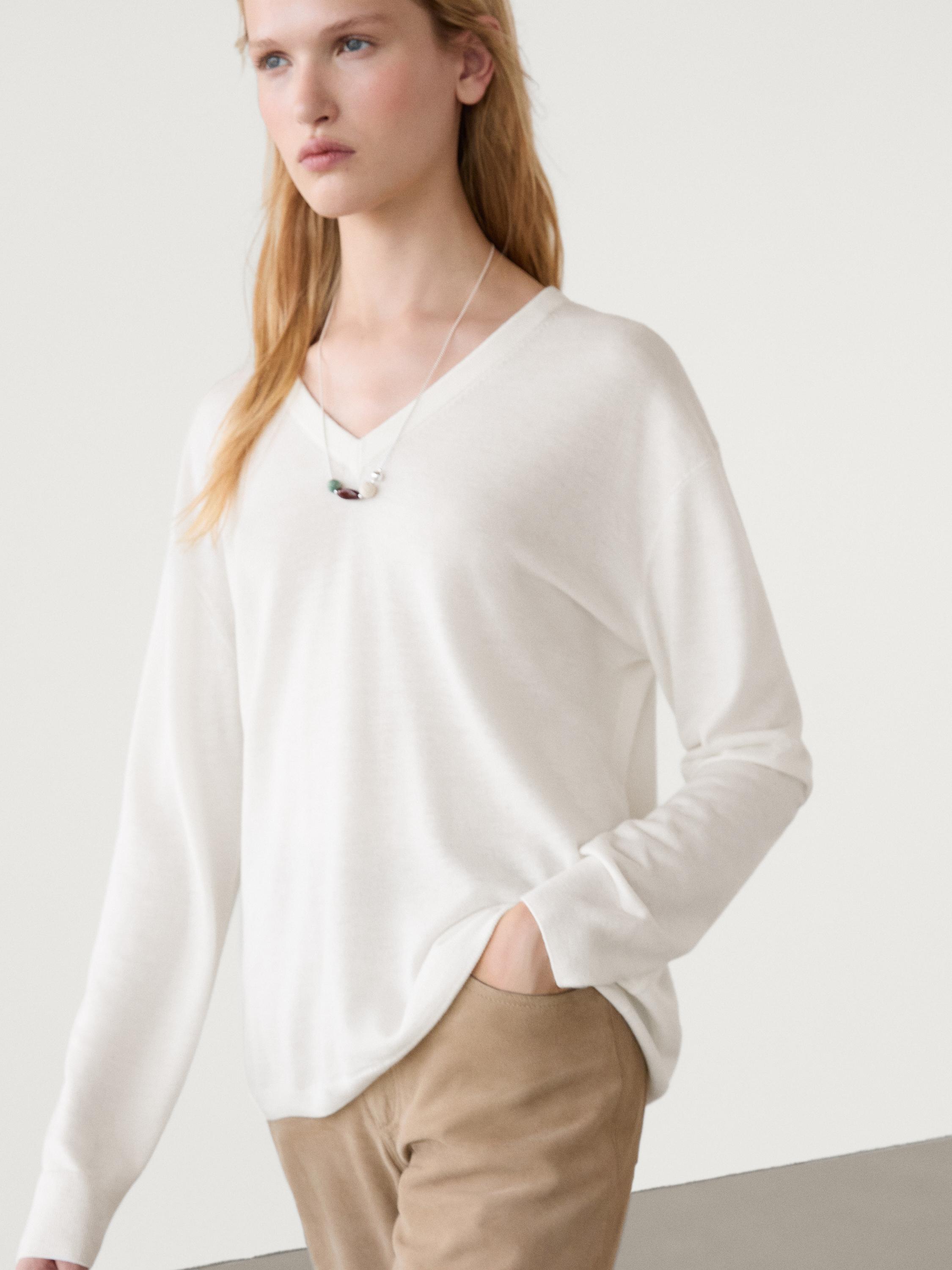 Wool blend V-neck knit sweater