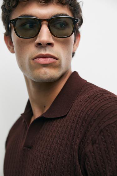 100% cotton cable-knit polo sweater — BURGUNDY 8