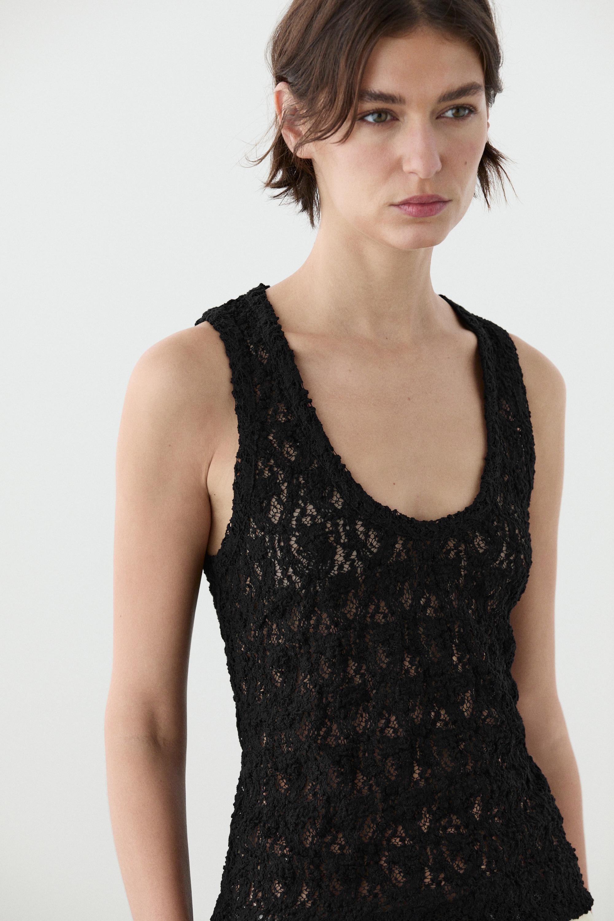 Round neck lace top — BLACK