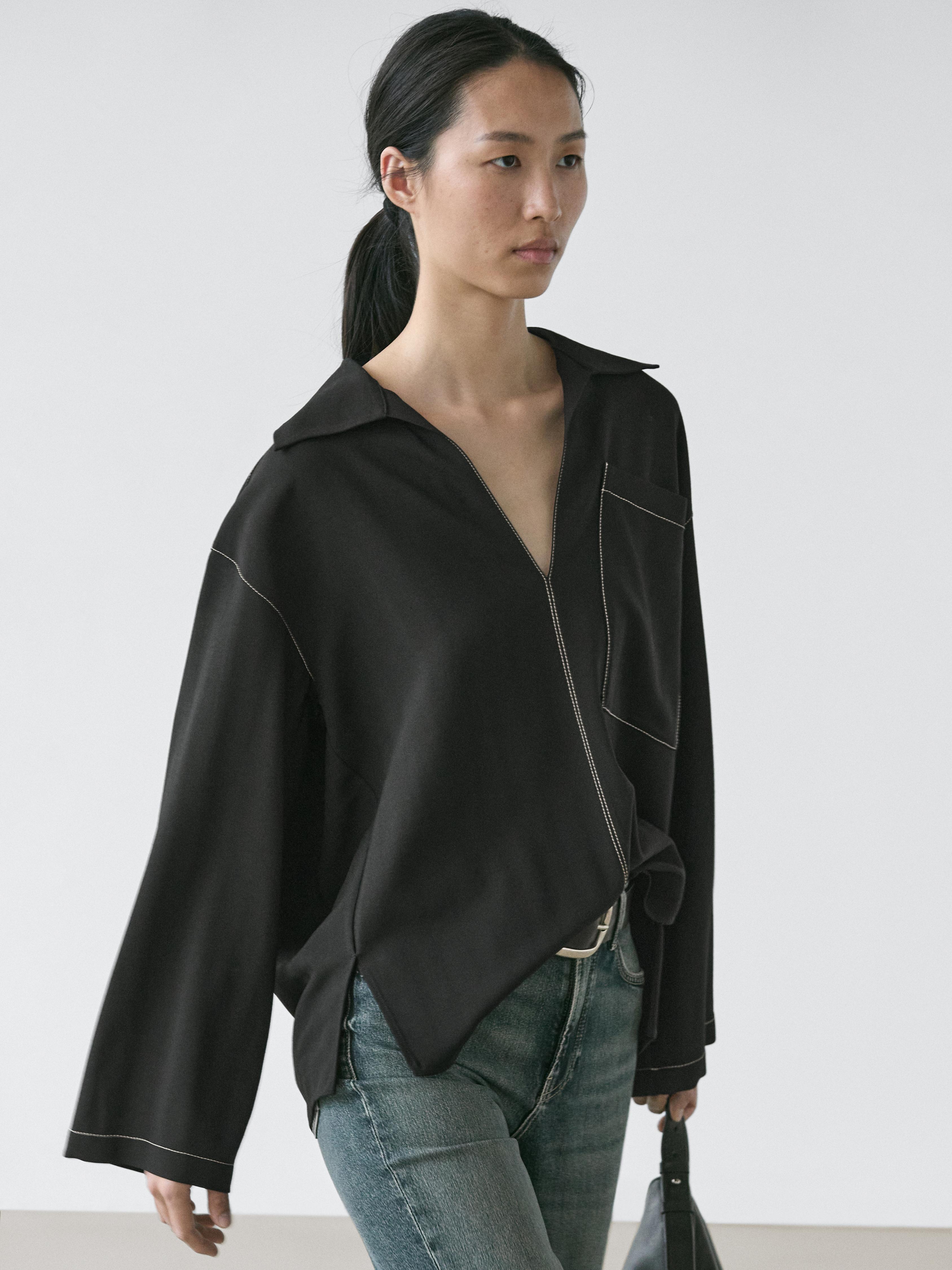 Yünlü, cepli, akışkan formda ince ceket