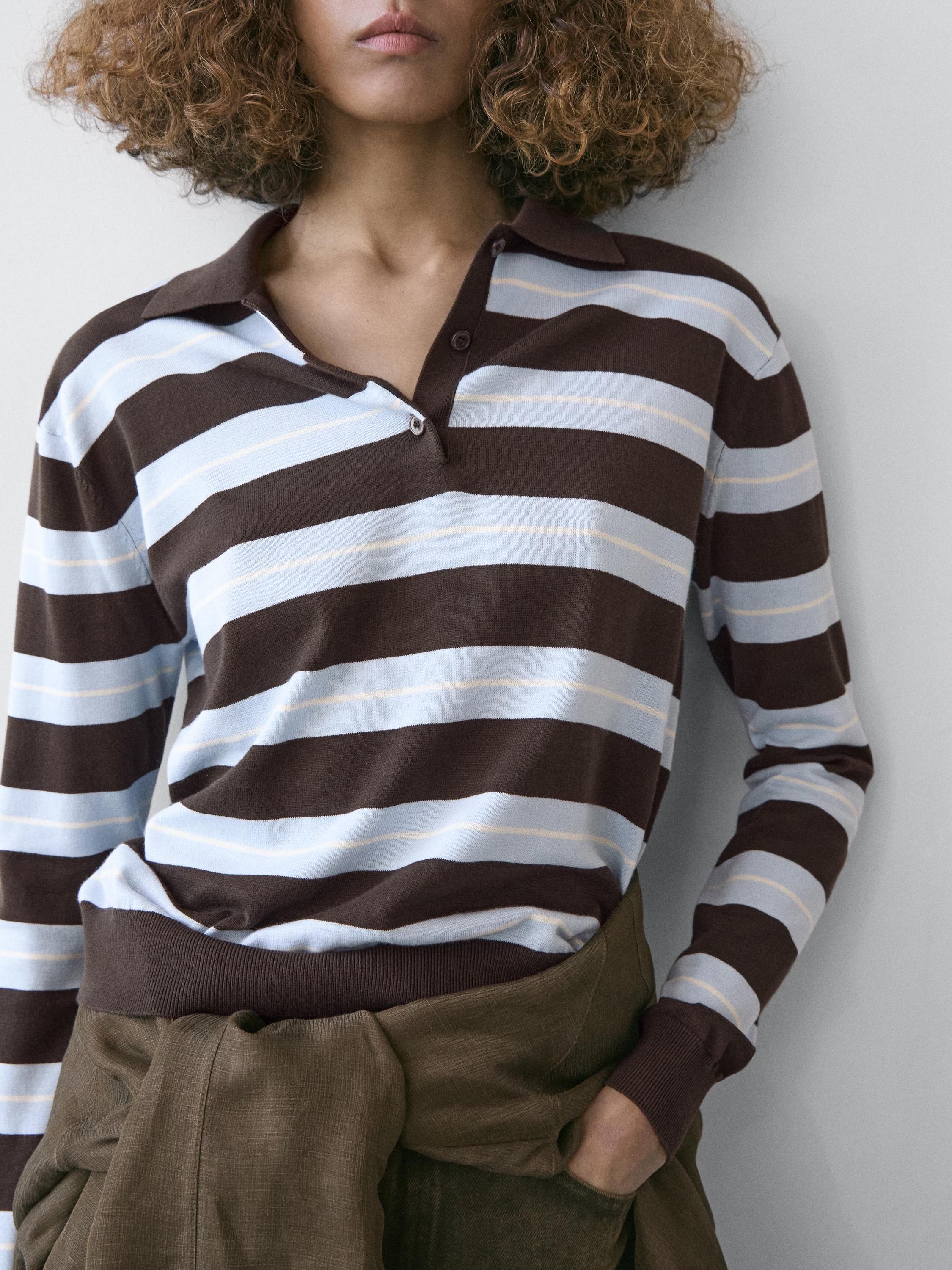 Cotton striped knit polo sweater
