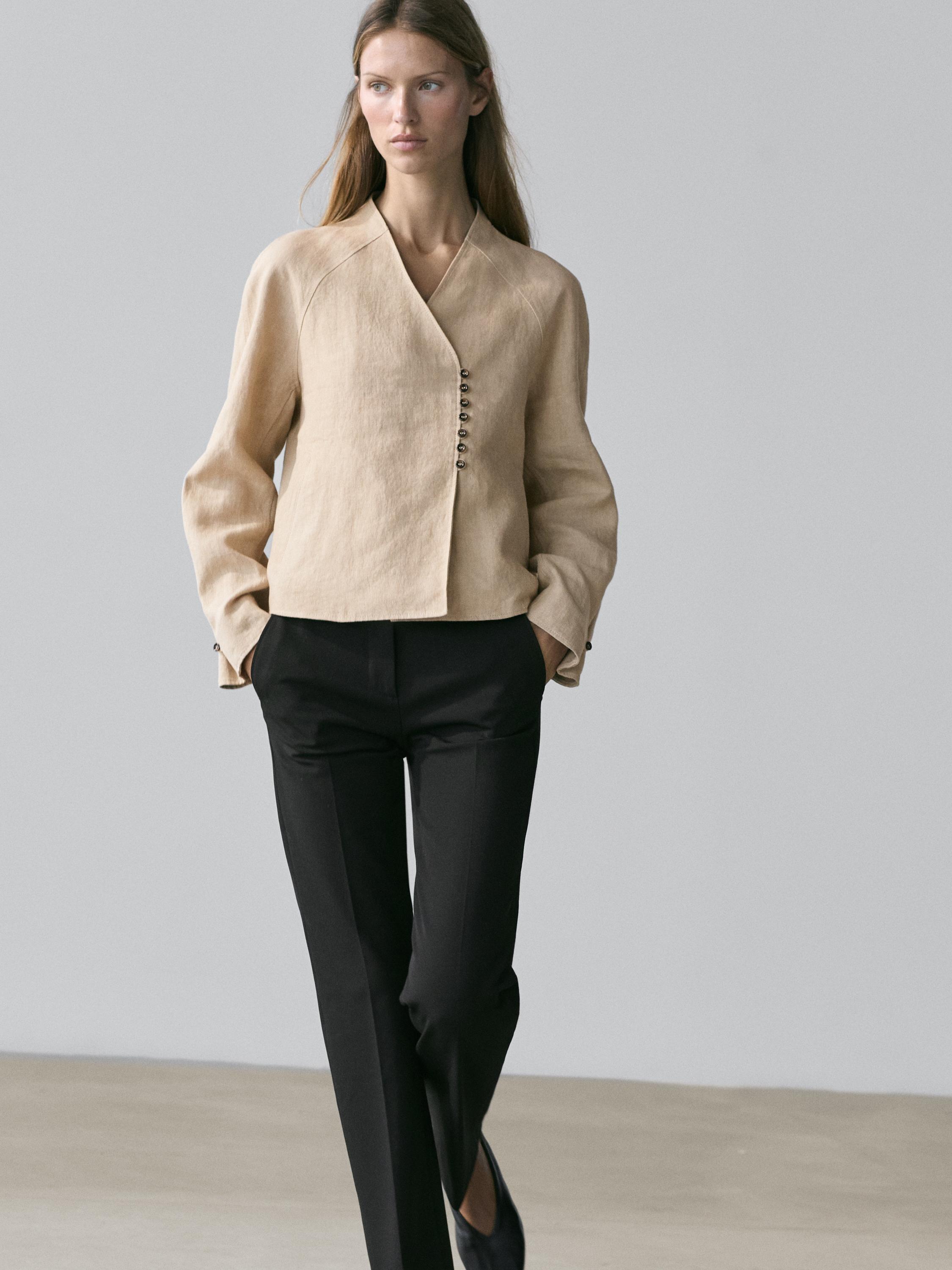 Cropped 100% linen jacket — BEIGE