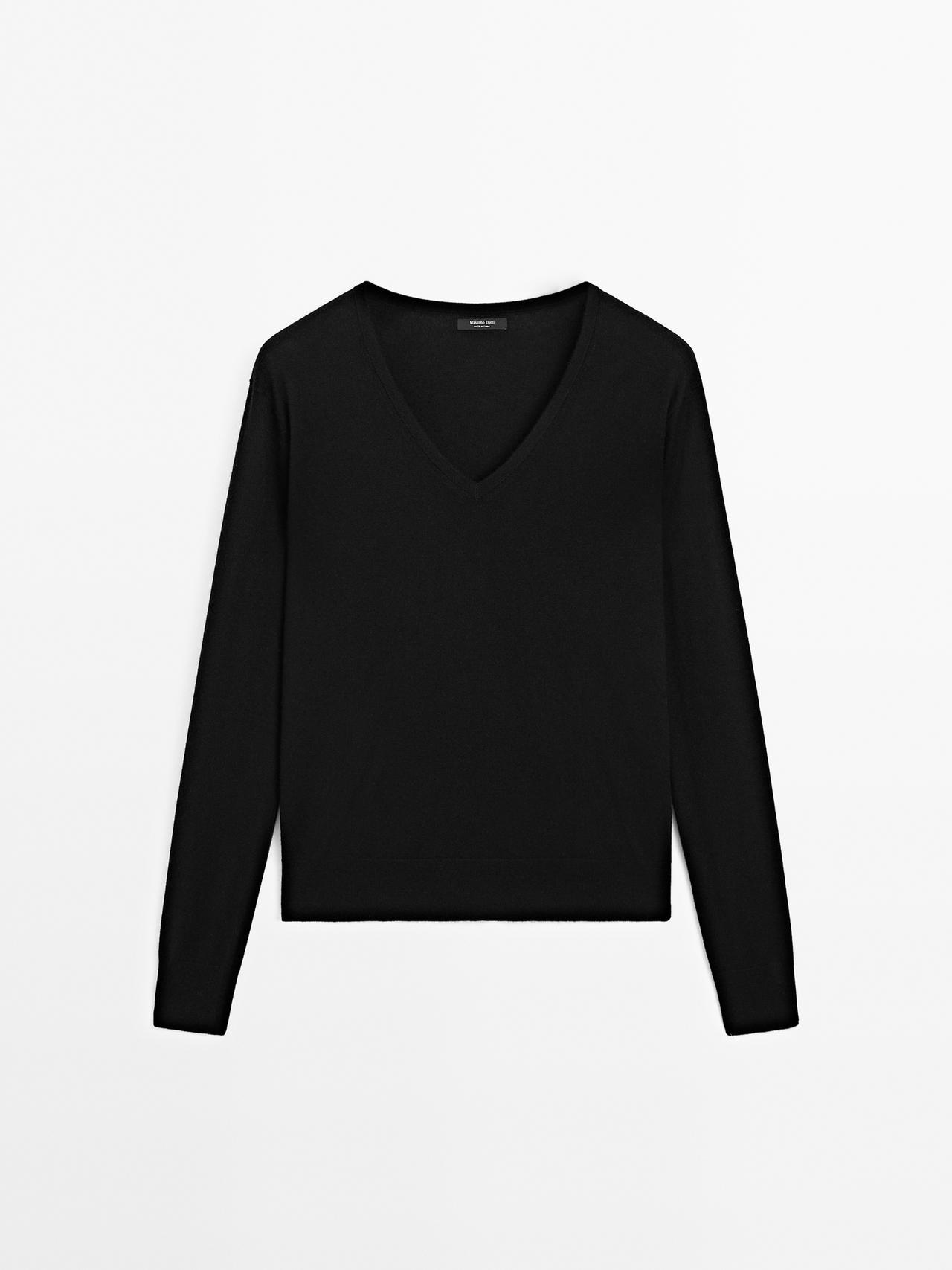 Massimo Dutti - Dame - Striktrøje I Uldblanding Med V-Udskæring - Sort - Xl