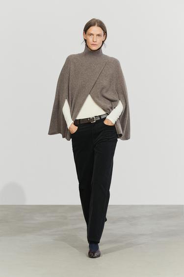 100% cashmere knit cape with wrap detail — DARK KHAKI 1