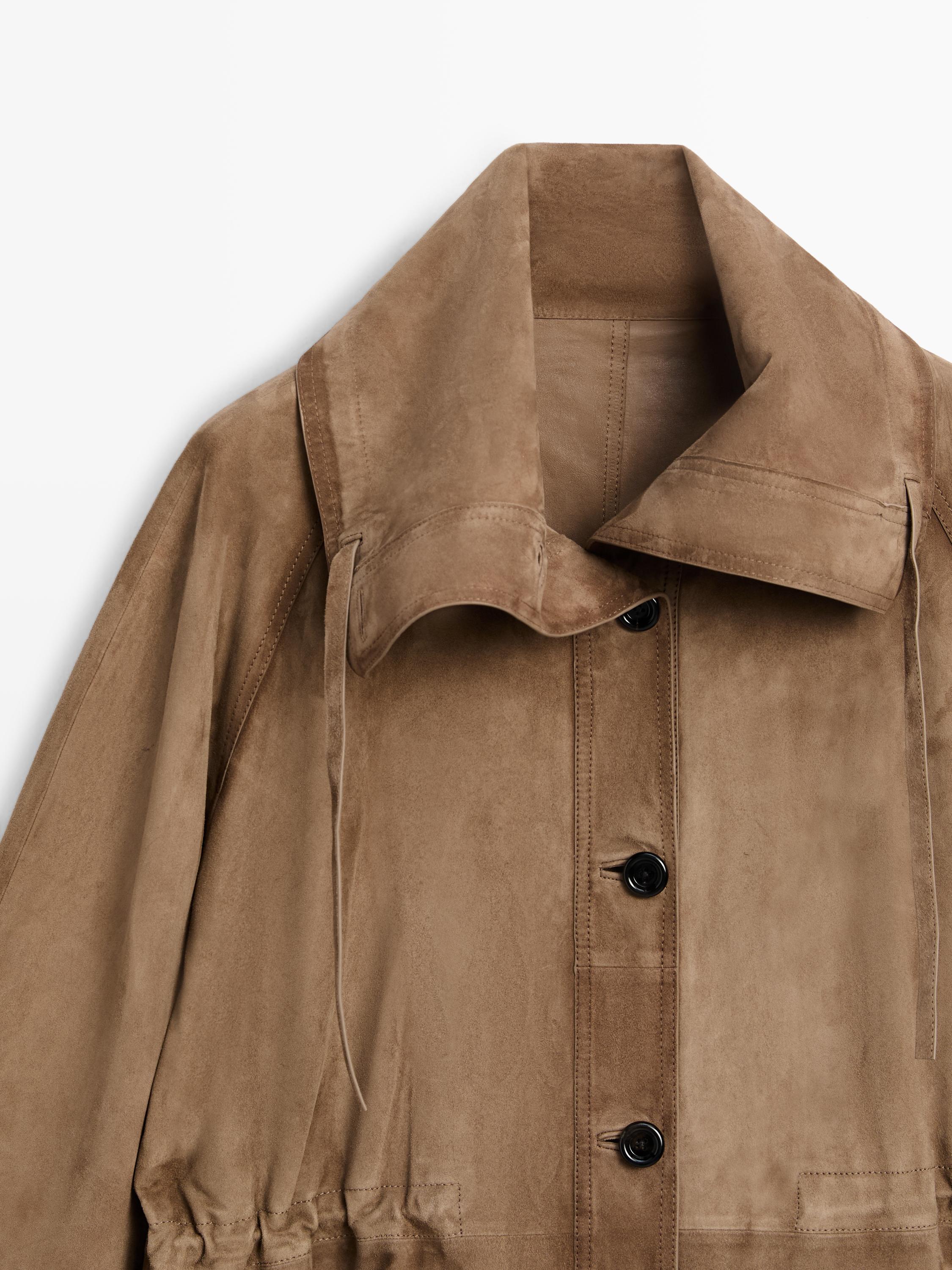 Suede leather high neck parka — Washed