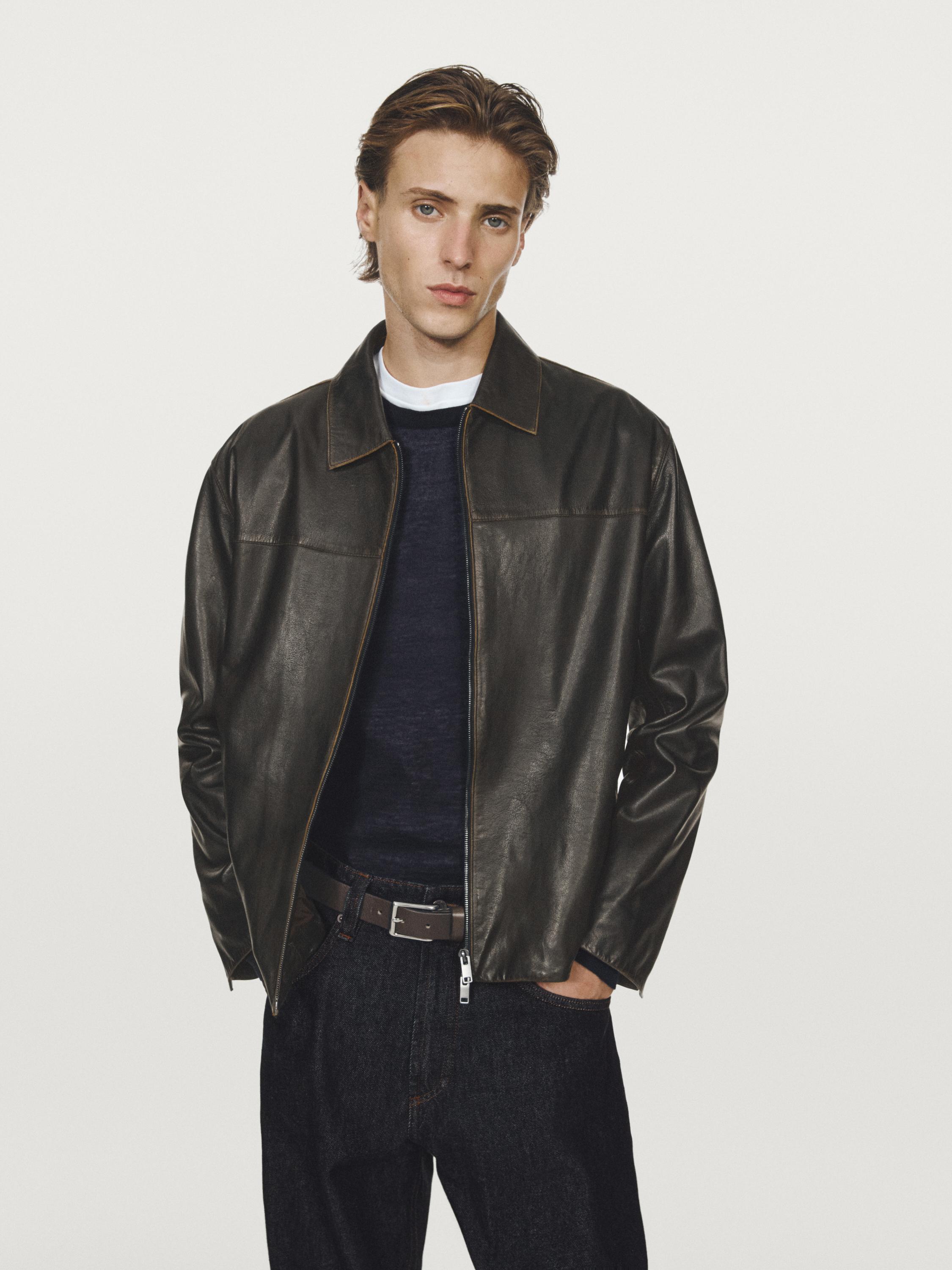 Distressed effect leather jacket — BROWN