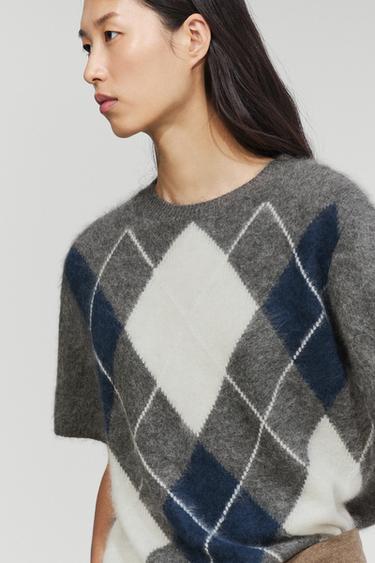 Wool blend knit sweater with argyle pattern — GREY 8