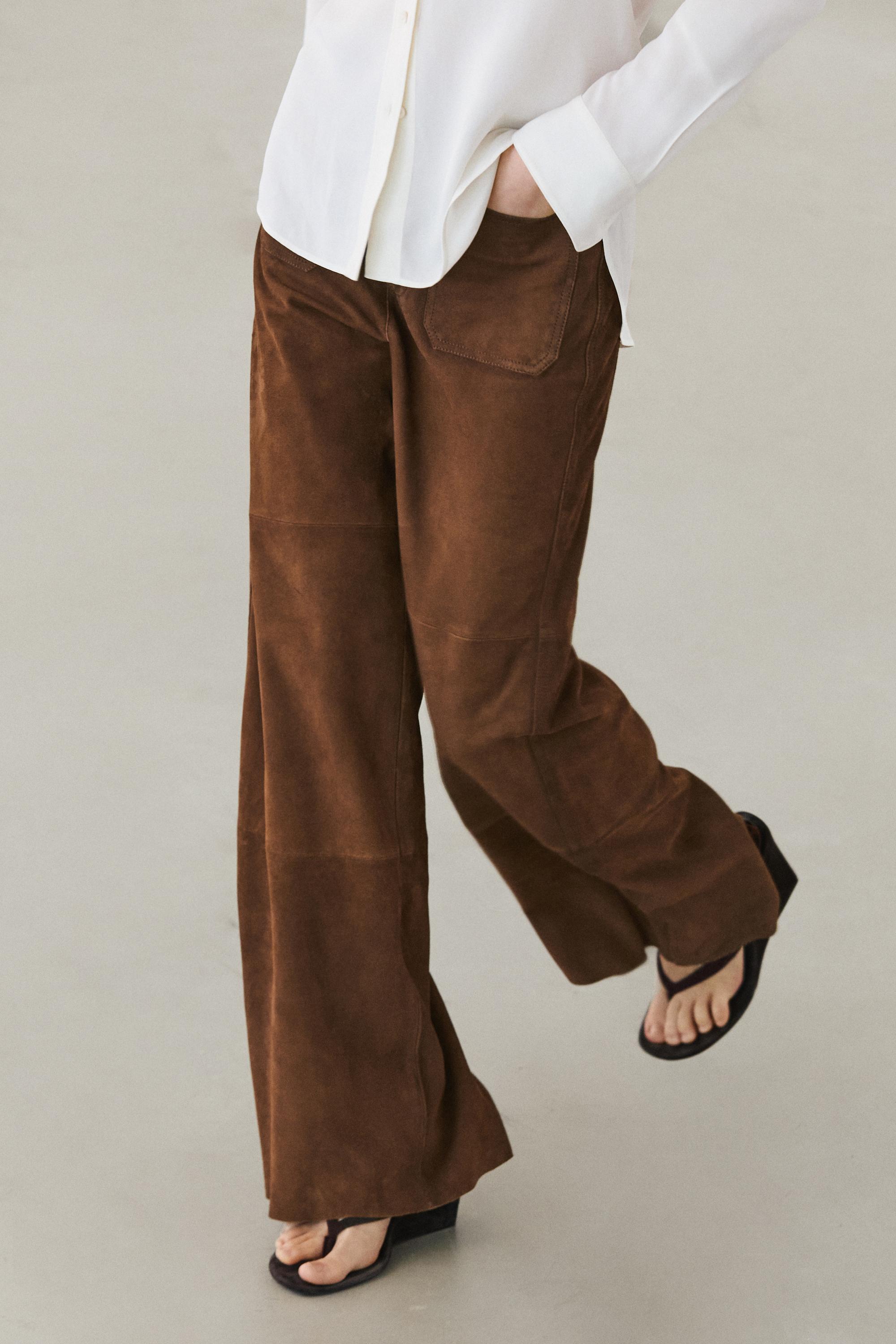 Suede leather wide-leg trousers with pockets — BROWN