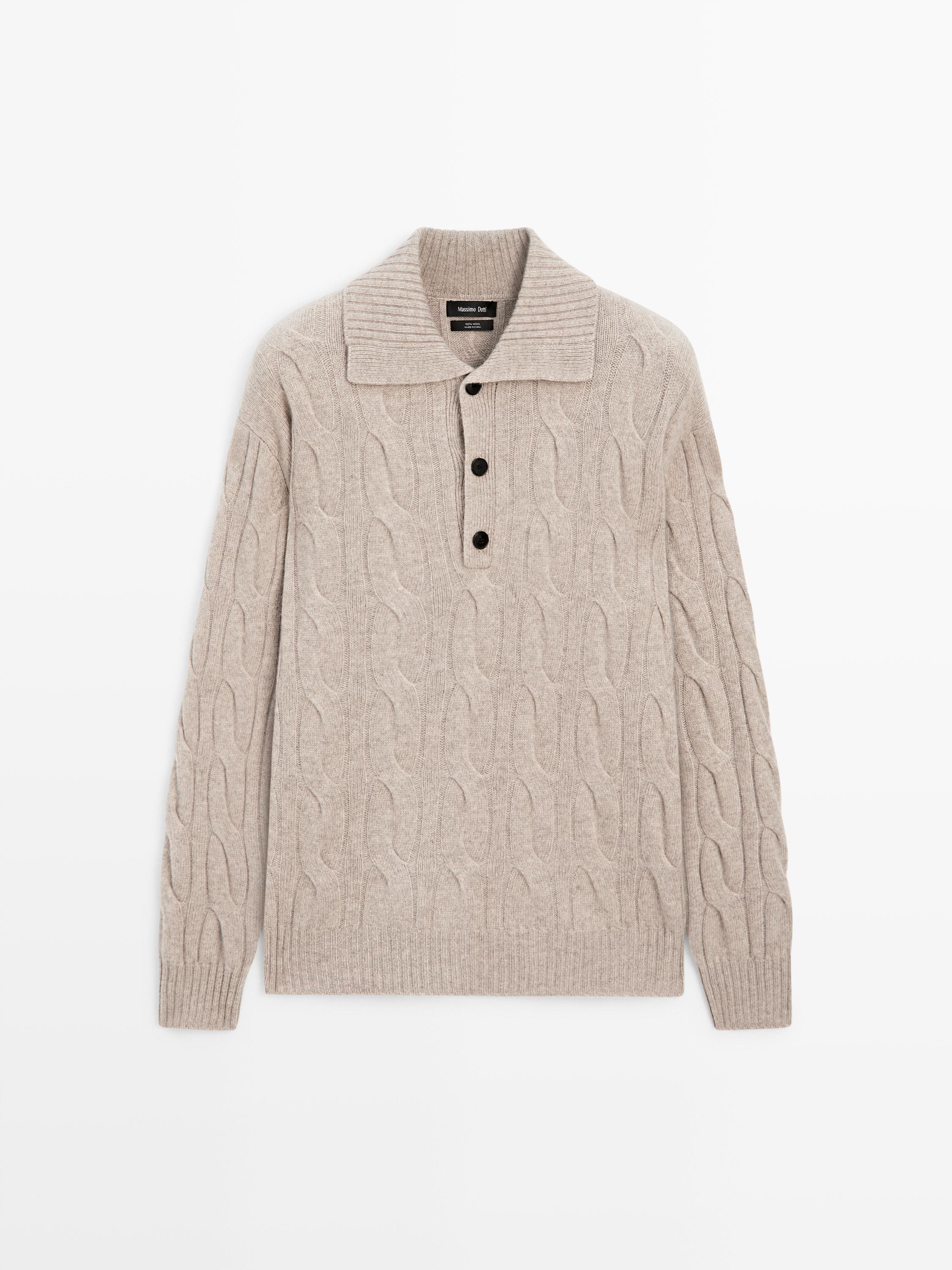 Wool cable-knit polo sweater — Sand