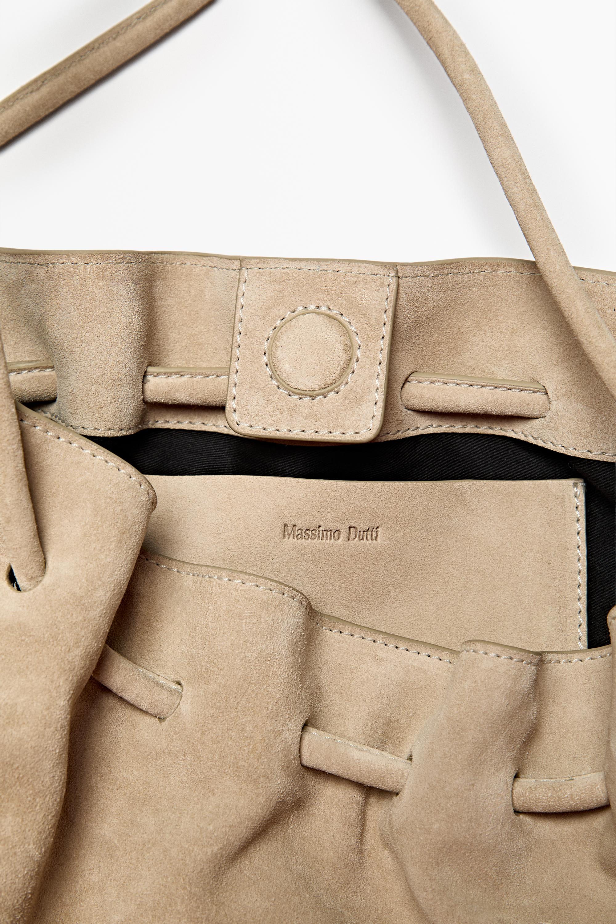 Ruched split suede leather bag — Ecru