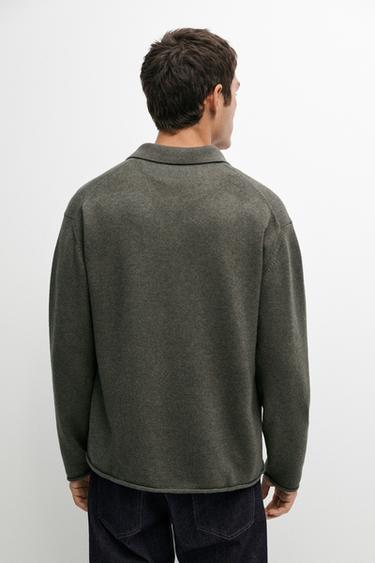 Wool blend polo collar cardigan — KHAKI 5