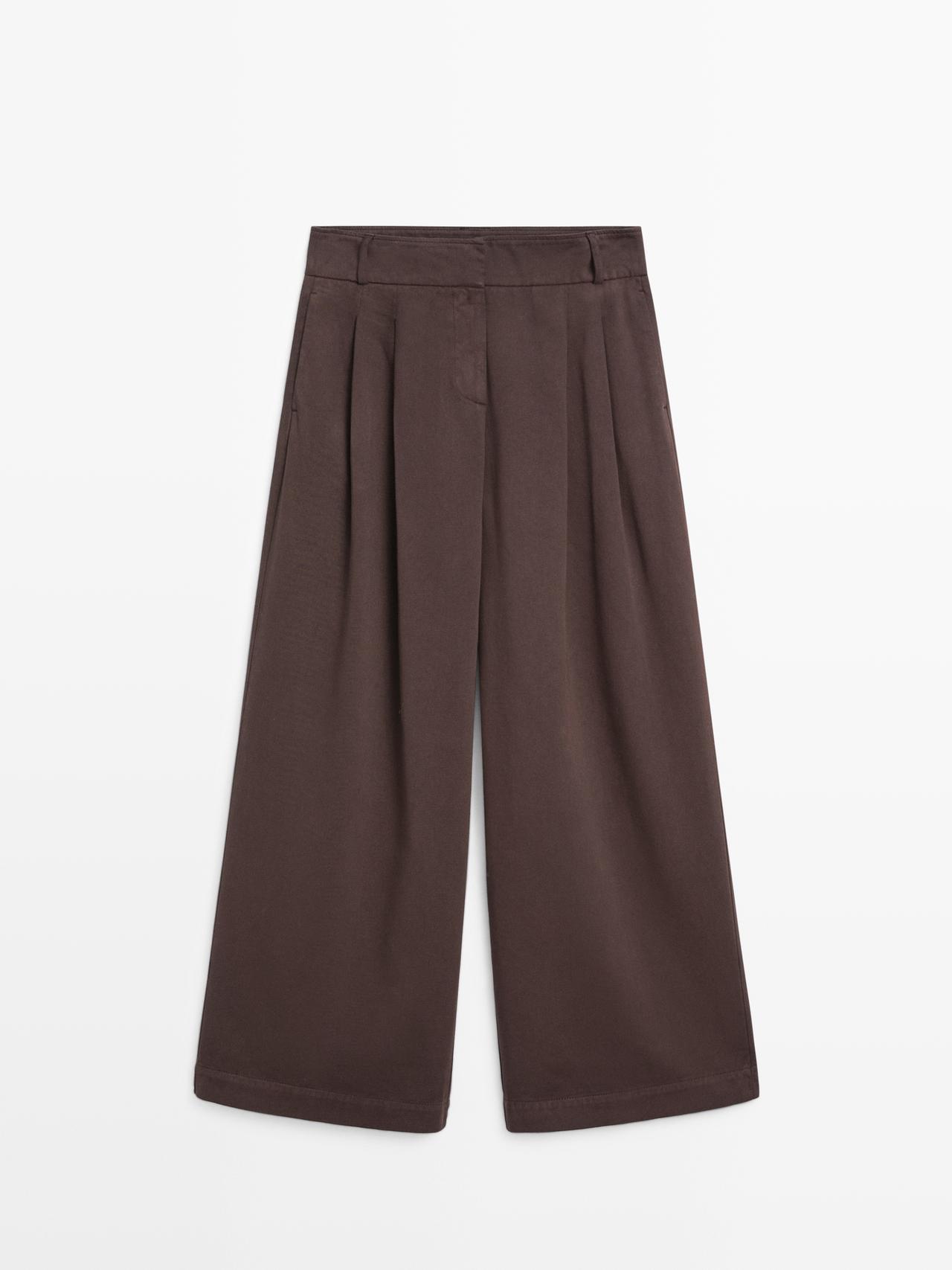 Massimo Dutti - Dame - Mid Waist Bukser Med Læg Og Brede Ben - Aubergine - 38