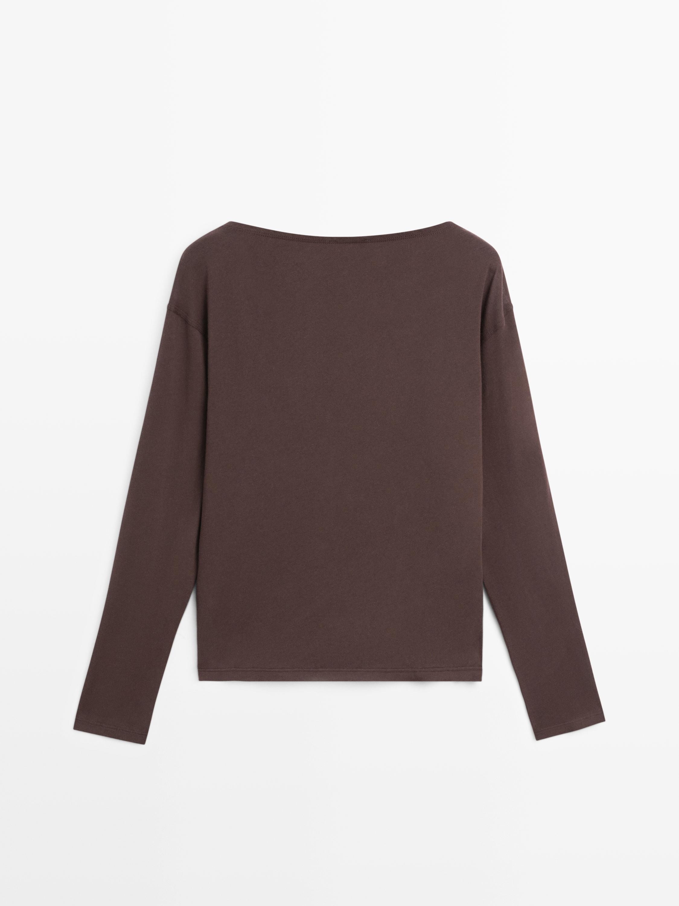 100% cotton boat neck T-shirt — BROWN