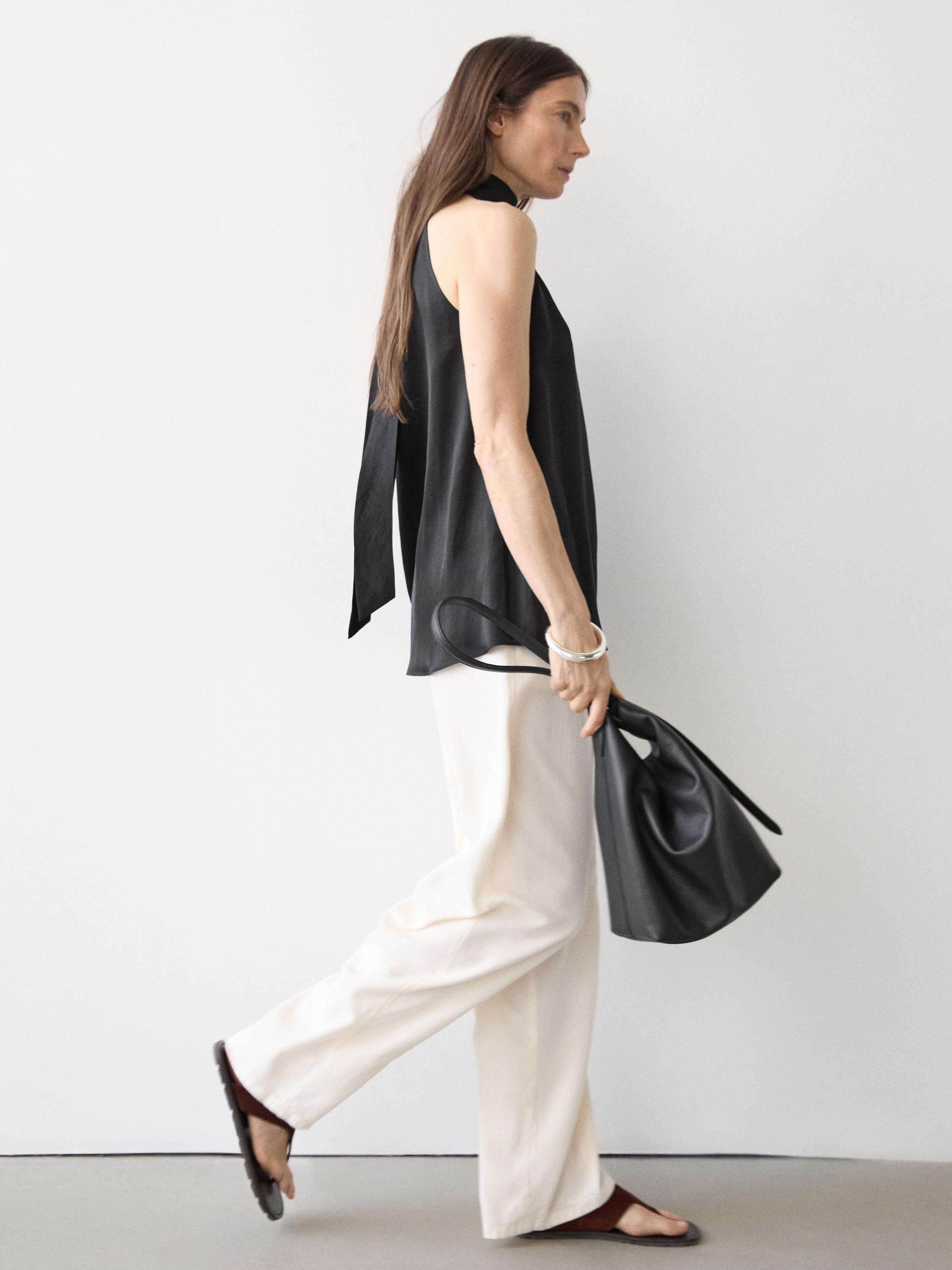 Satin halter top with tie detail — BLACK