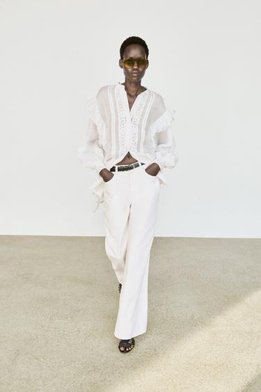 Stand collar blouse with embroidery and ruffles — WHITE 1