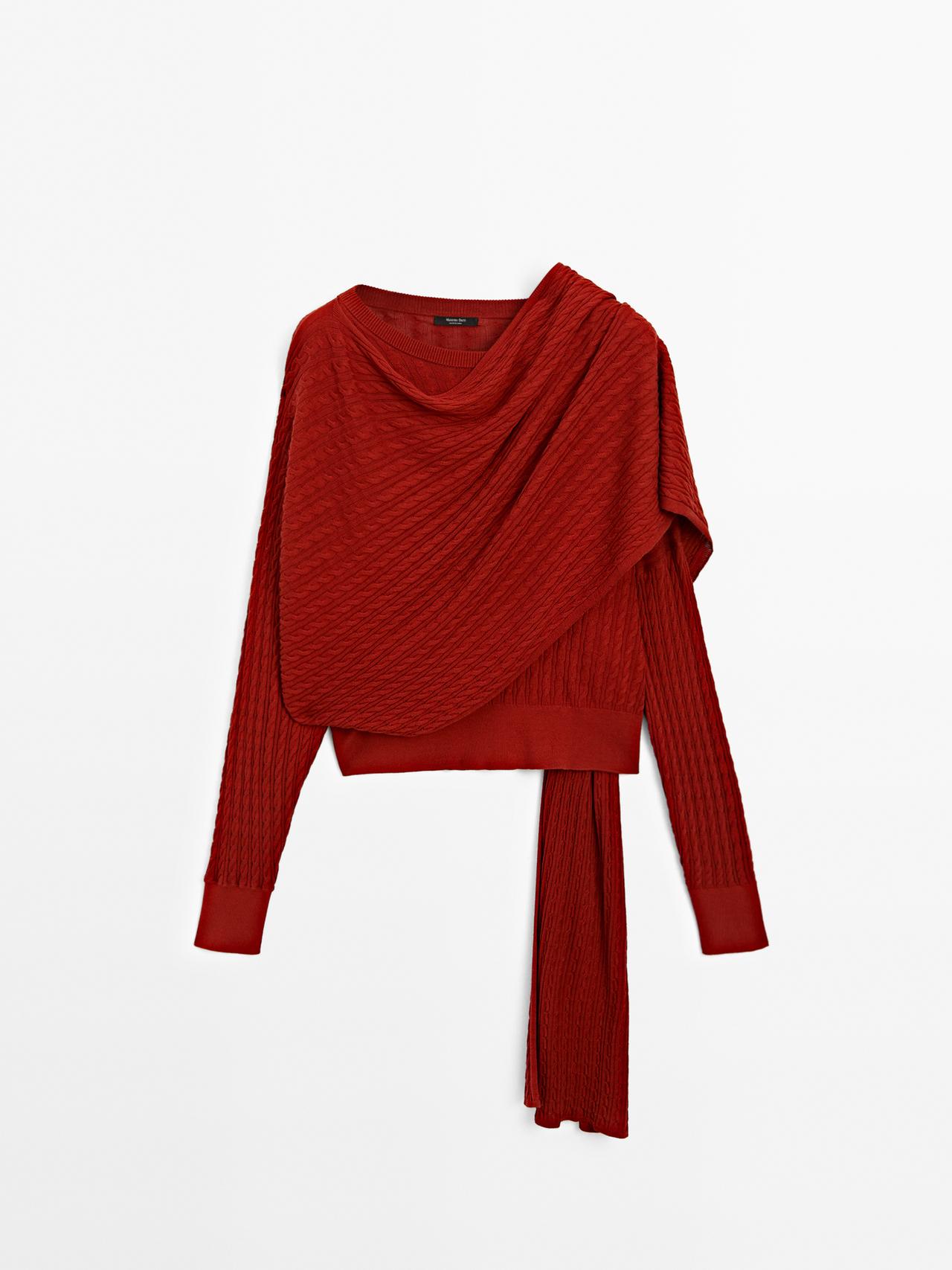 Massimo Dutti - Dame - Kabelstrikket Trøje Med Tørklædedetalje - Rød - L