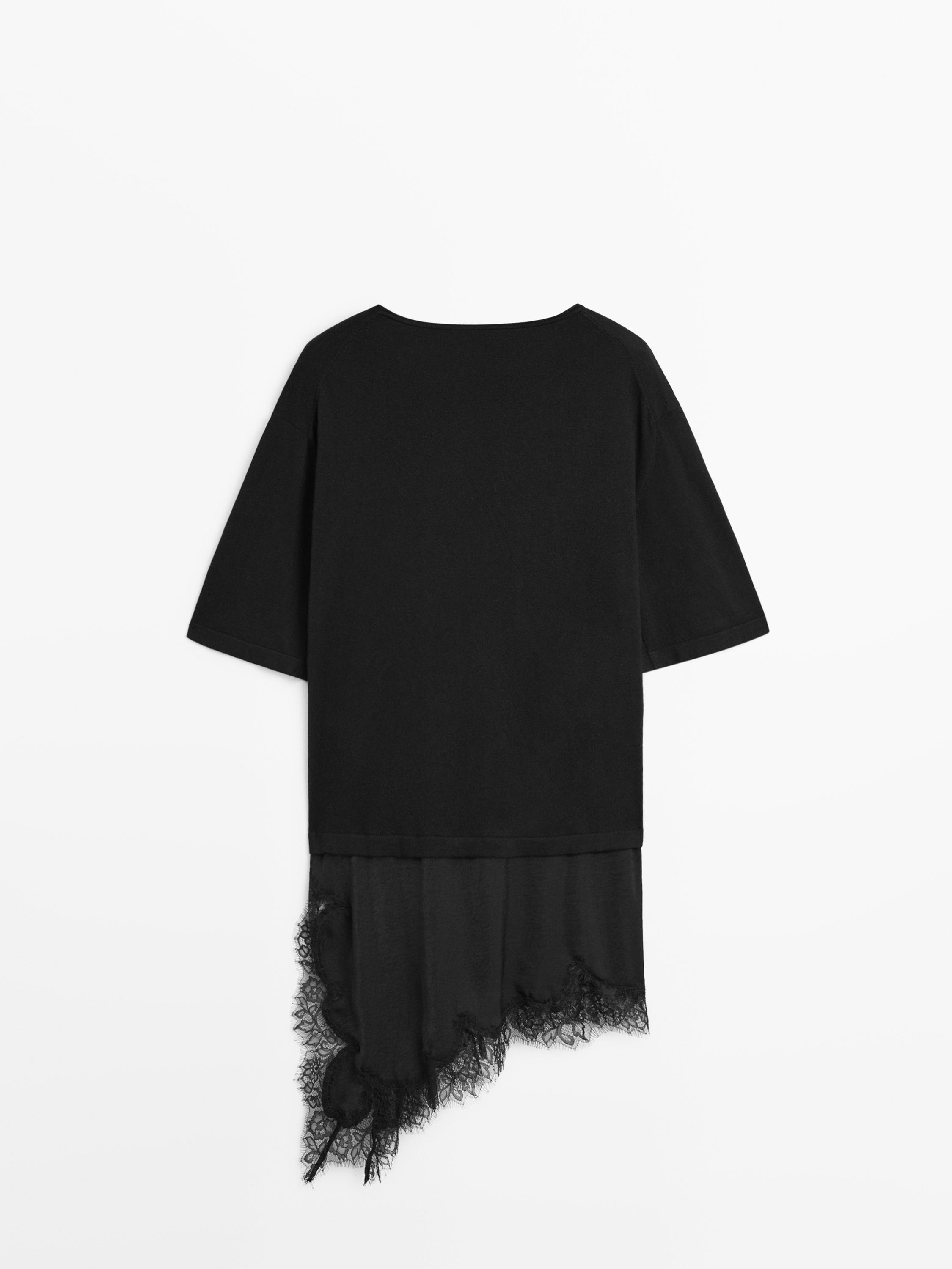 Sweater with contrast lace detail — BLACK