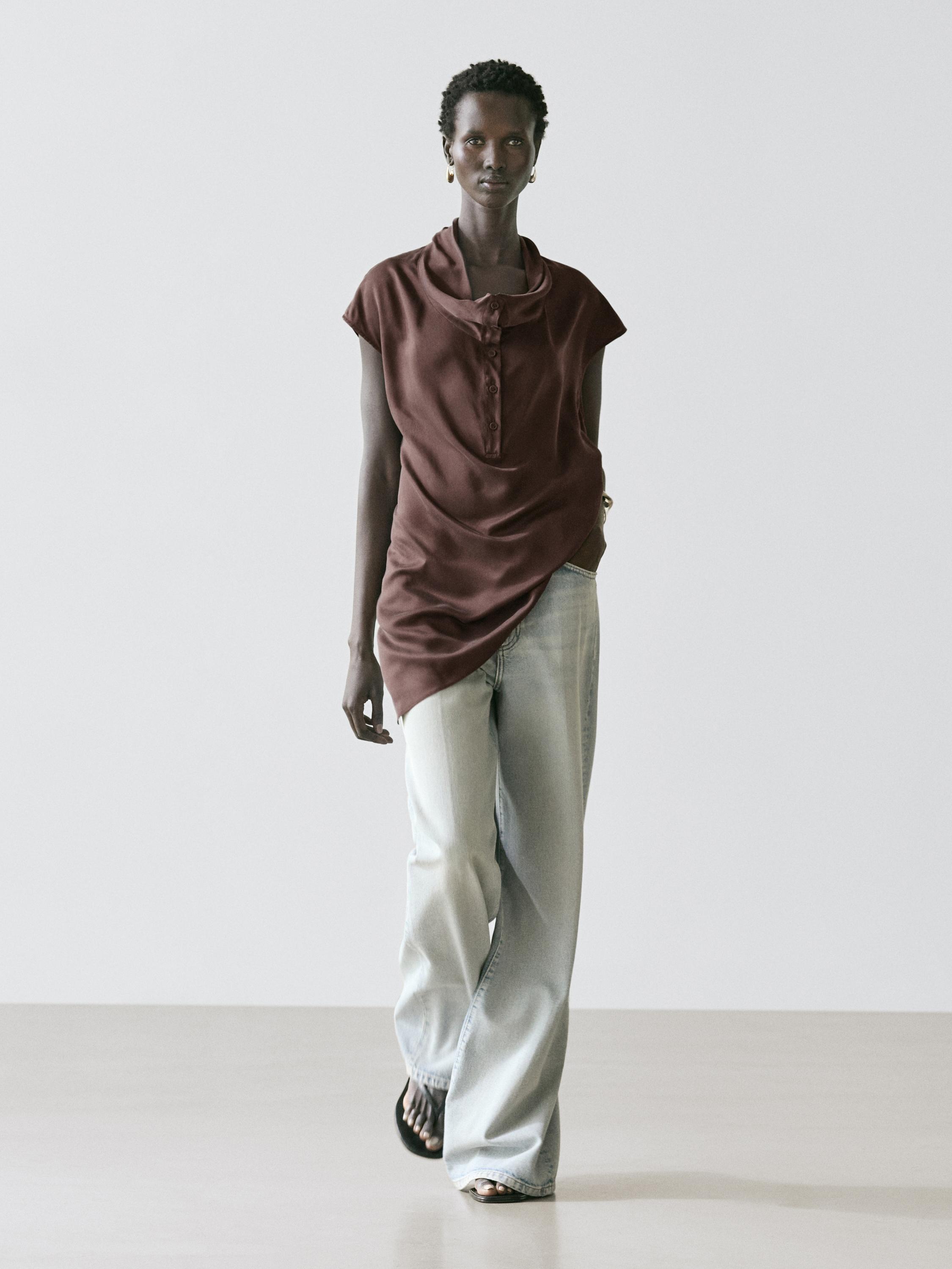 Asymmetric draped top — BROWN