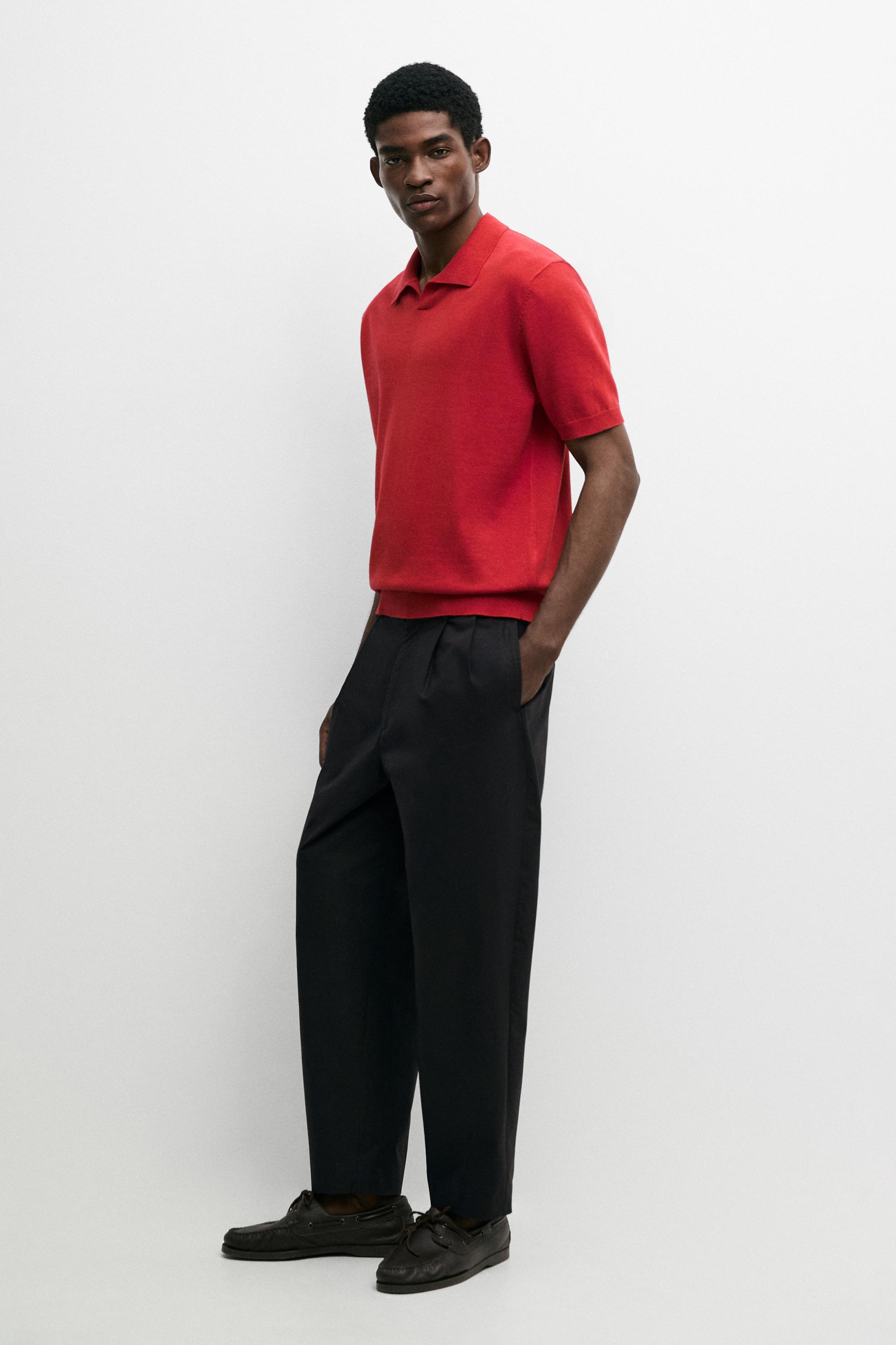 Cotton blend V-neck polo shirt — RED
