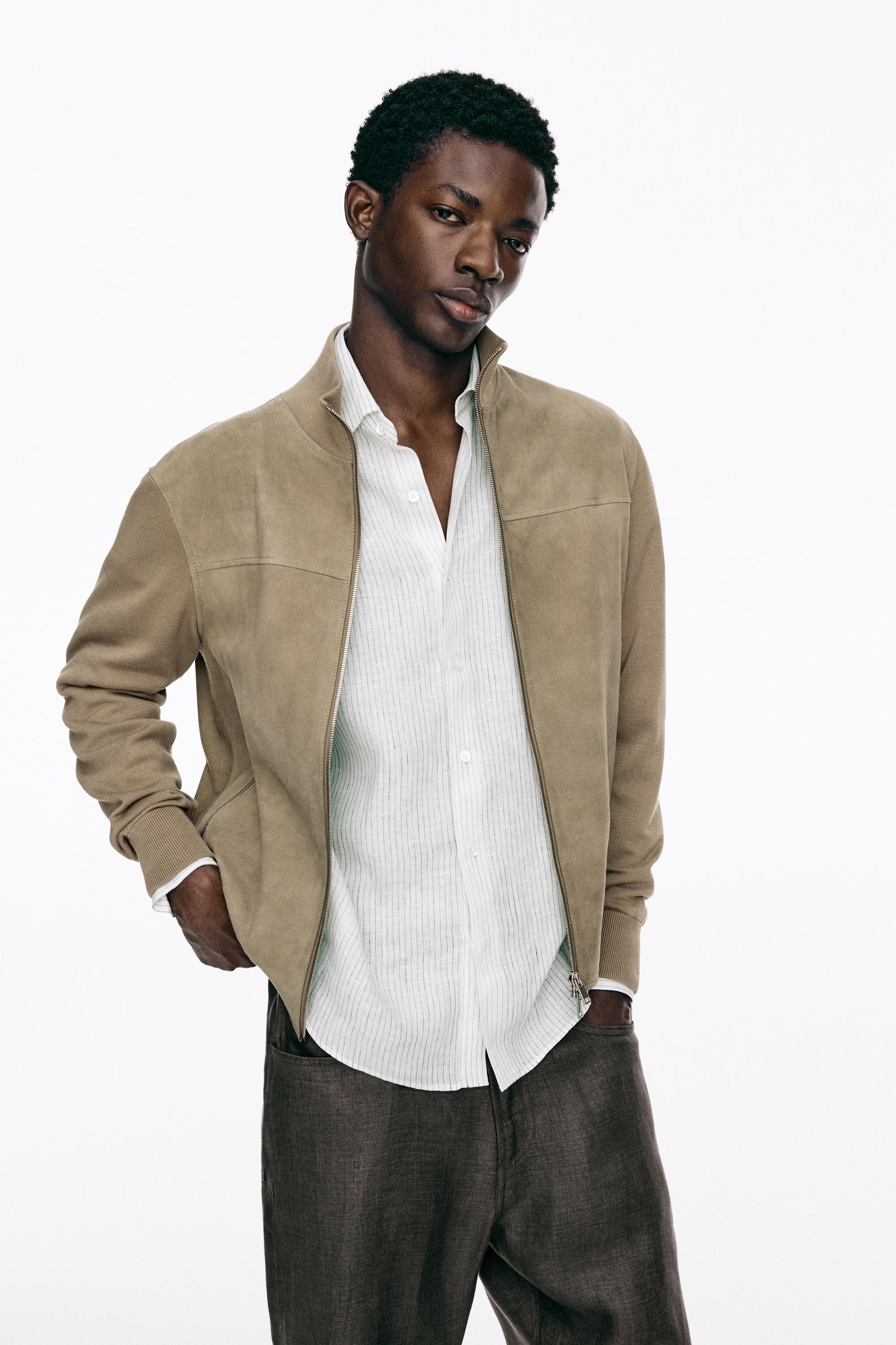 Contrast knit and suede leather jacket — PALE KHAKI