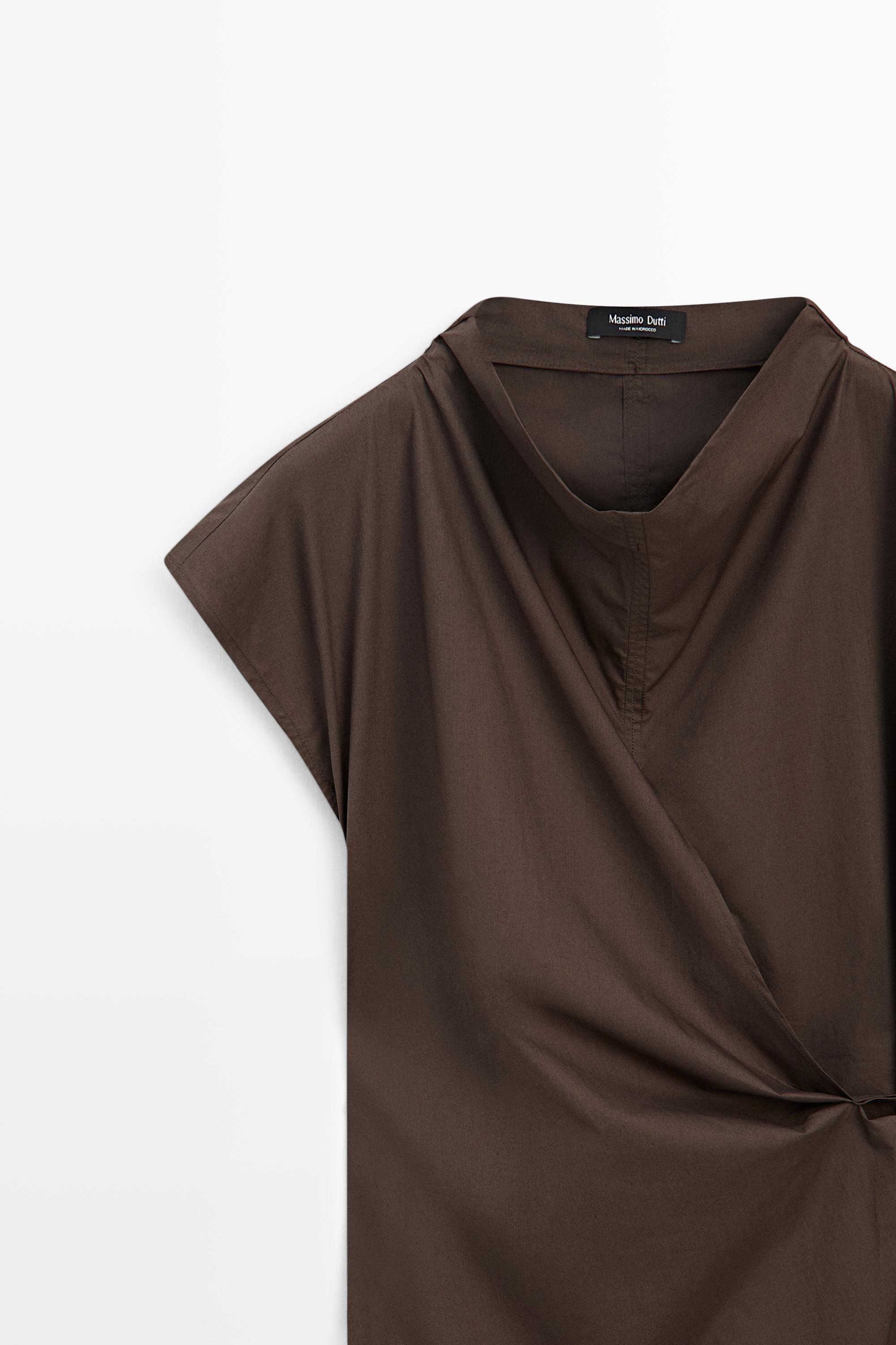 100% cotton draped poplin dress — BROWN