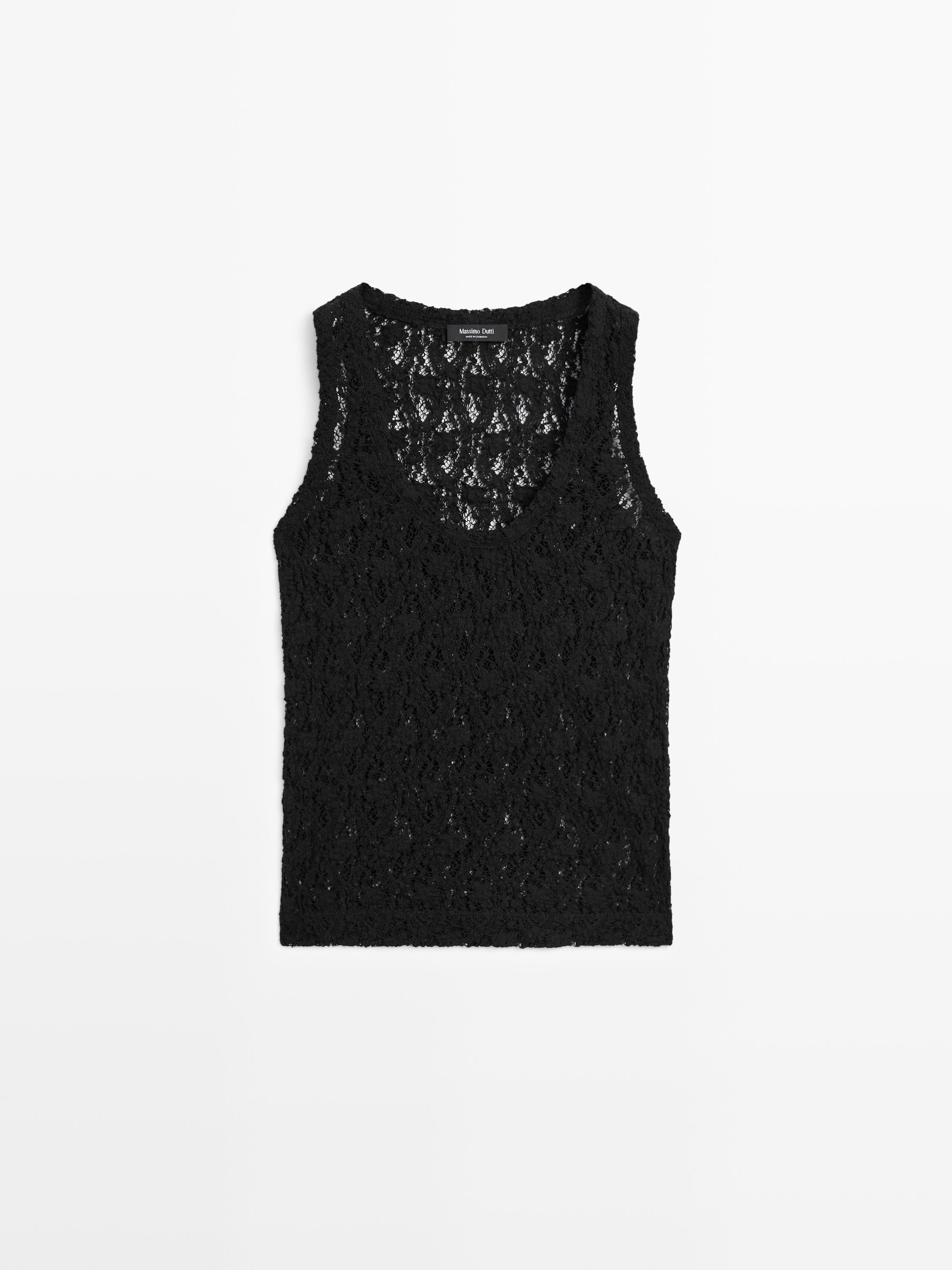 Round neck lace top — BLACK