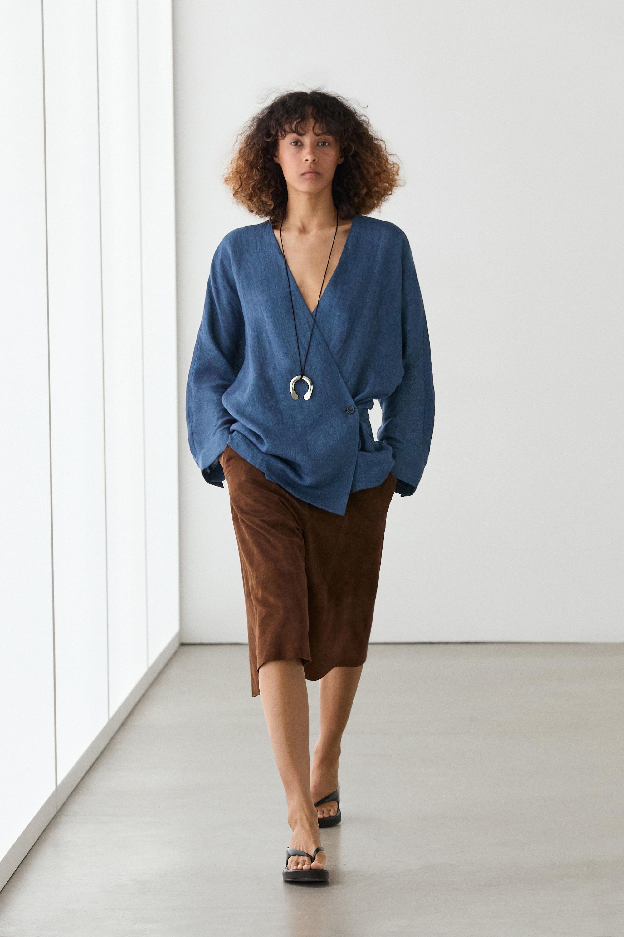 Linen total look denim-effect kimono — BLUE