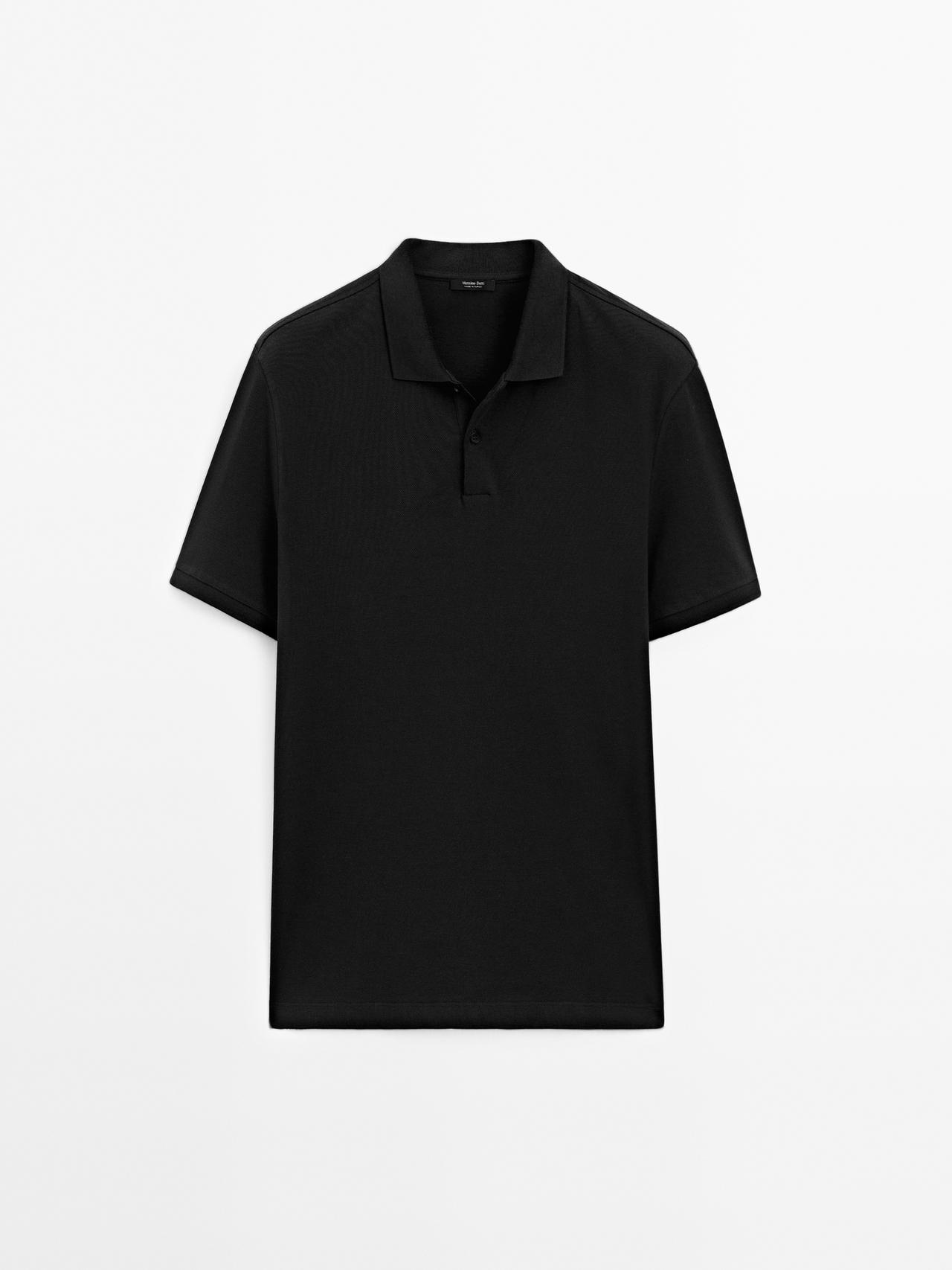 Massimo Dutti - Herre - Poloshirt I Bomuldspiqué Med Mikrostruktur - Sort - S