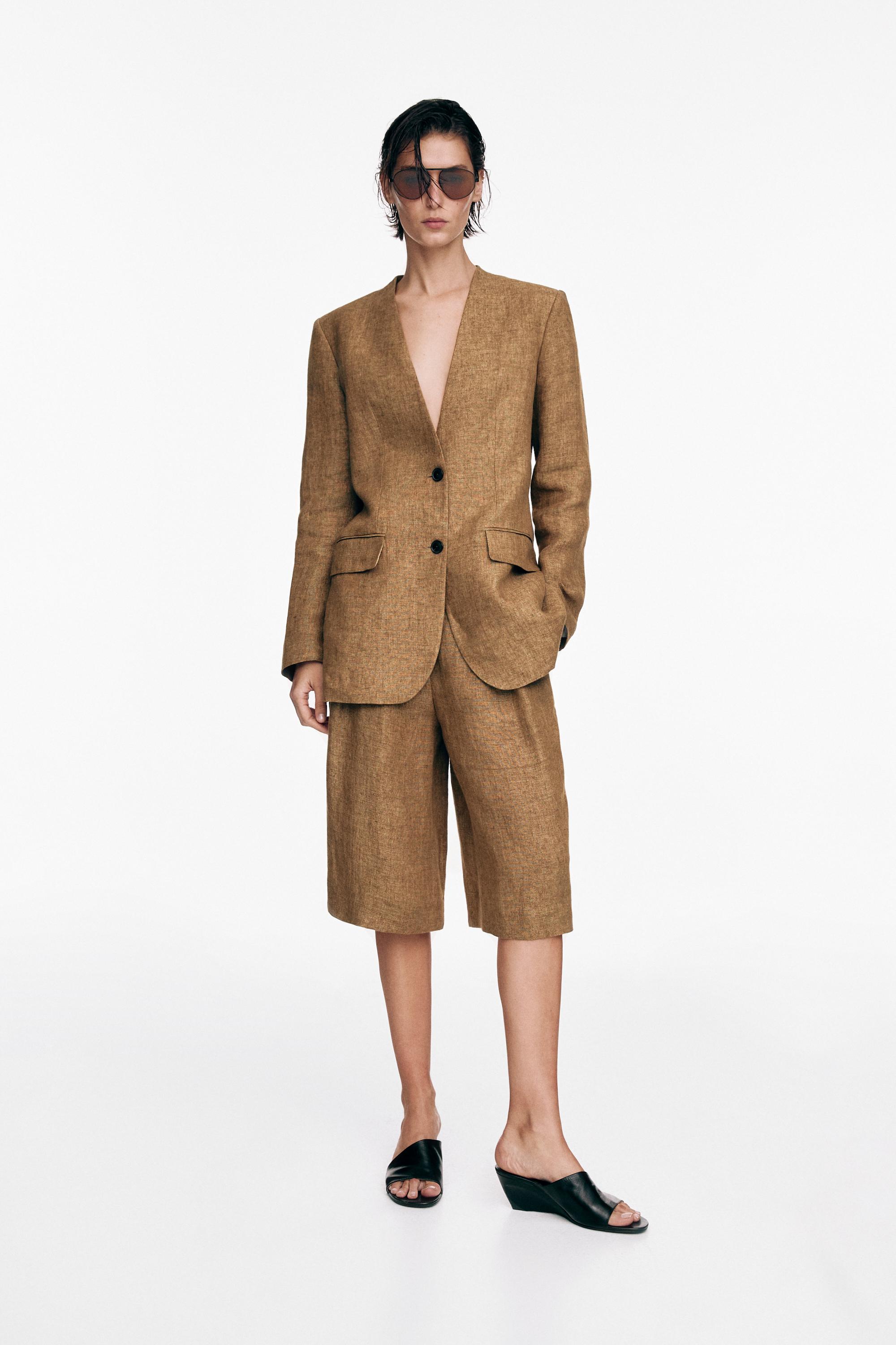 Melange linen suit Bermuda shorts — CAMEL