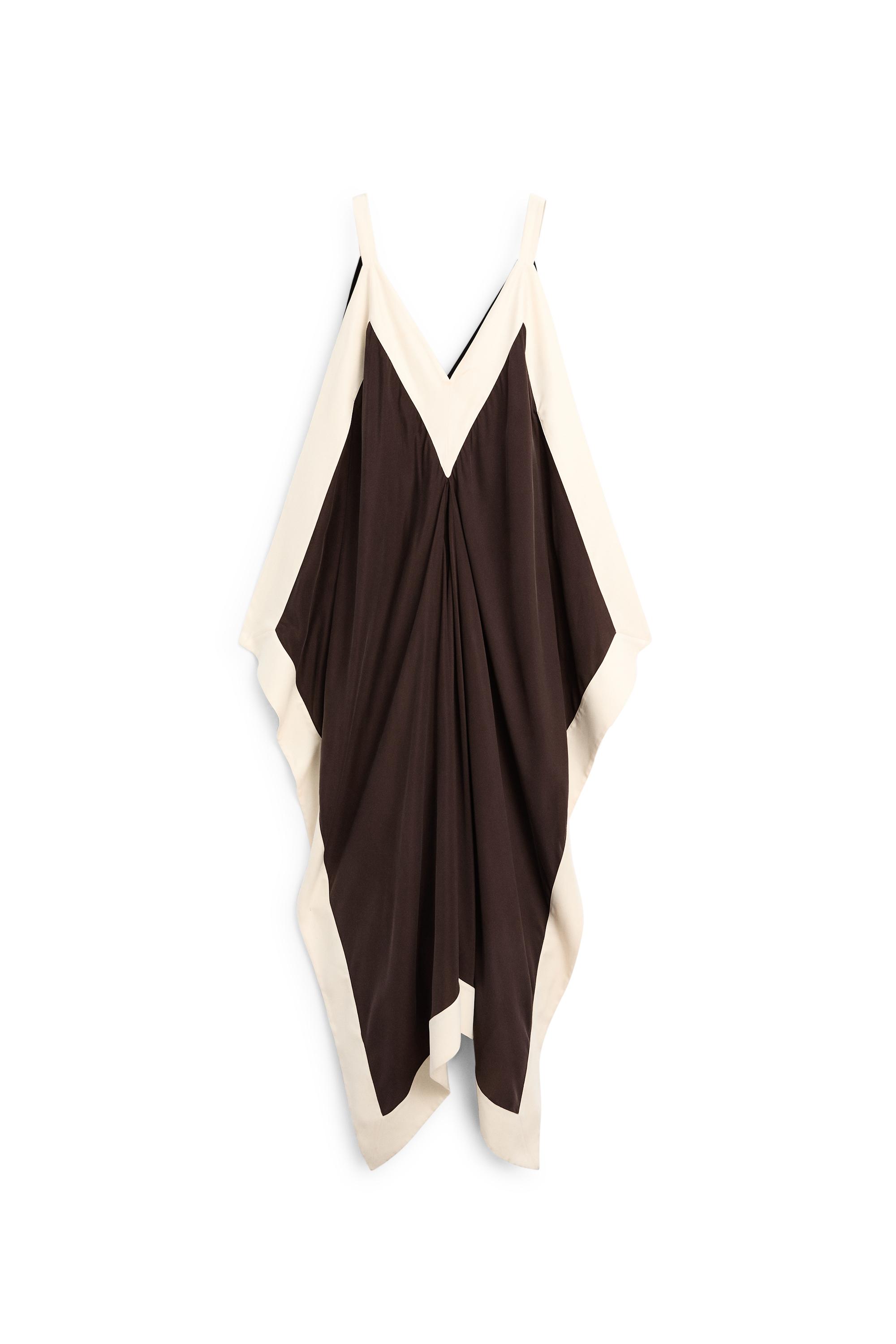 Flowing midi dress with contrast trim detail — BROWN