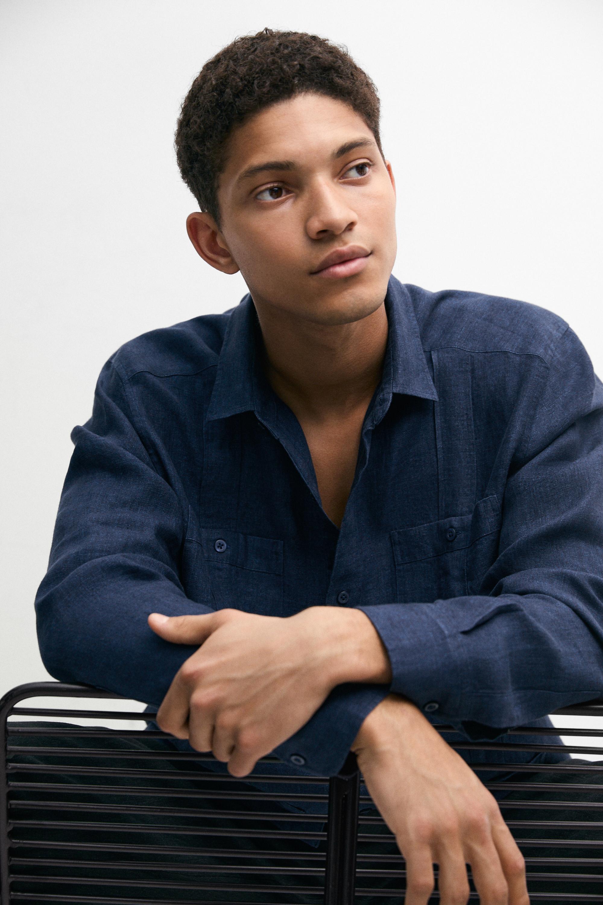 Regular fit 100% linen shirt with pockets — DEEP BLUE