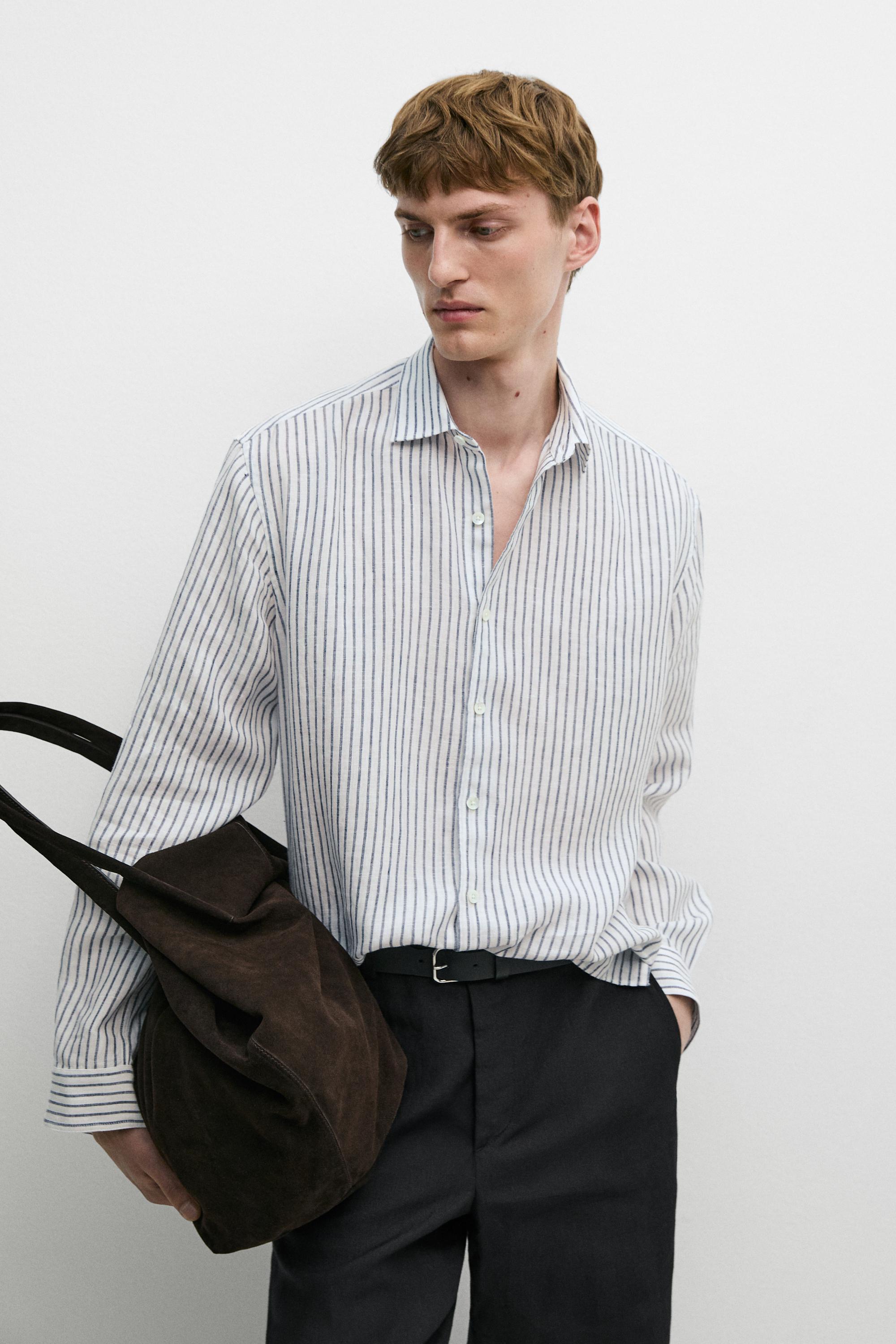 Regular fit 100% linen striped shirt — NAVY BLUE
