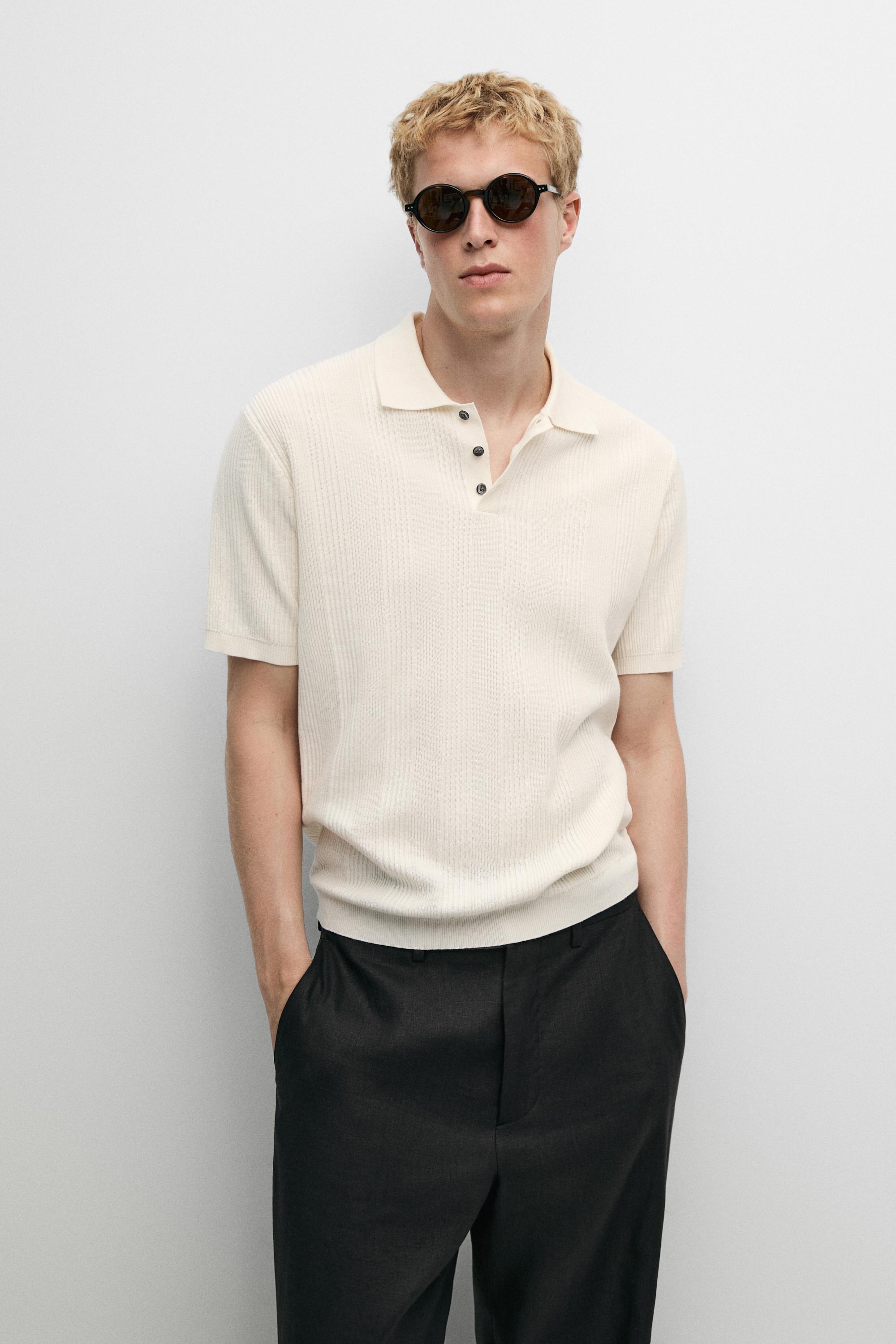 100% cotton textured striped knit polo shirt — CREAM