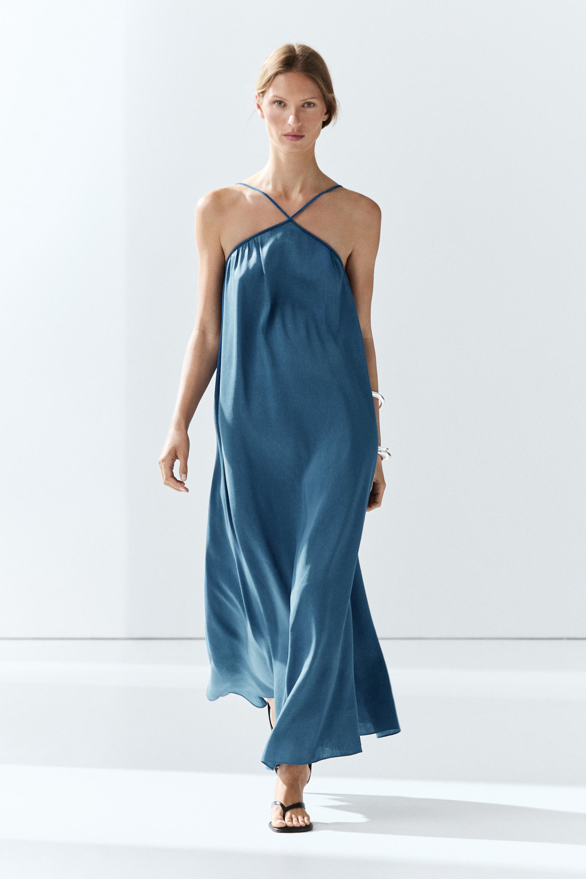 Vestido Largo Fluido Tirnates Cruzadod - Azul - Xs - Massimo Dutti - Mujer