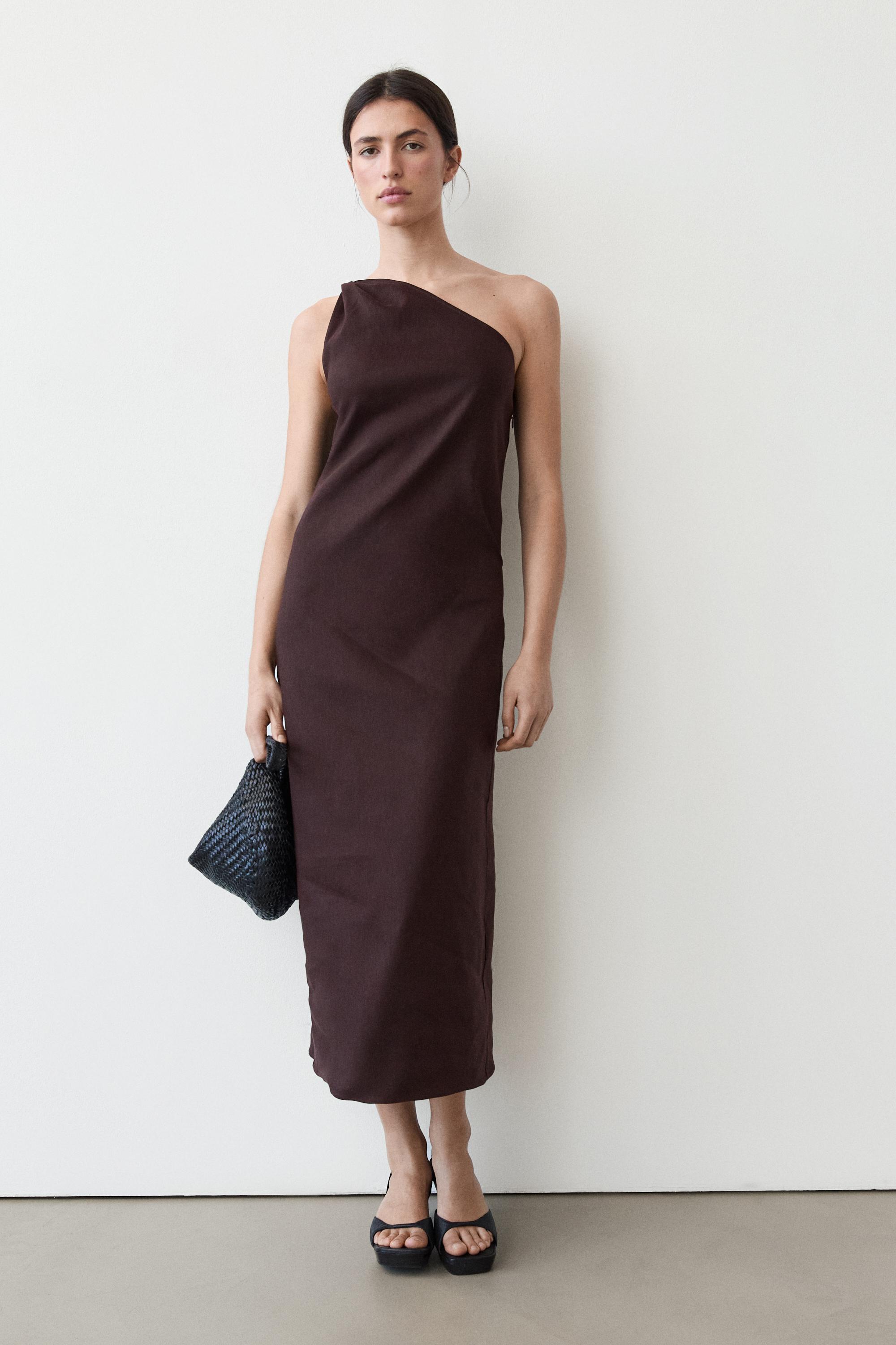 Asymmetric linen blend dress — BROWN