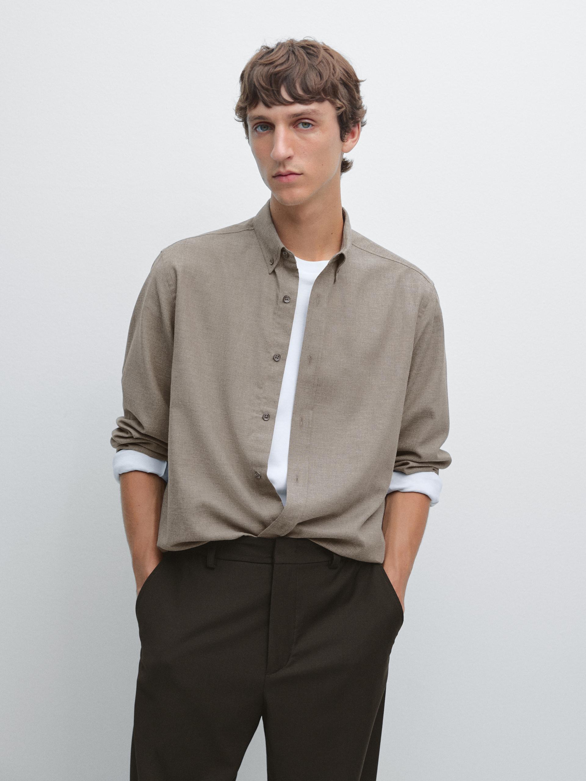 Camisa Melange Soft Regular Fit - Visón - S - Massimo Dutti - Hombre