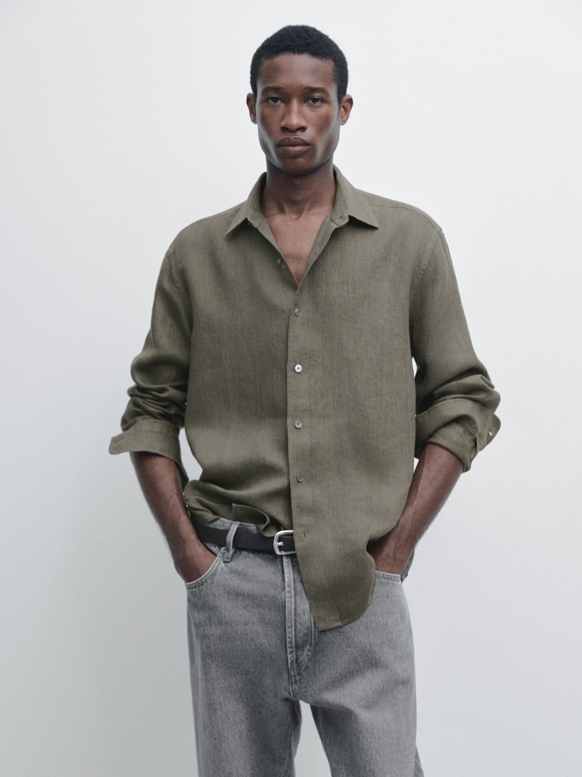 100% linen regular fit shirt — GREEN