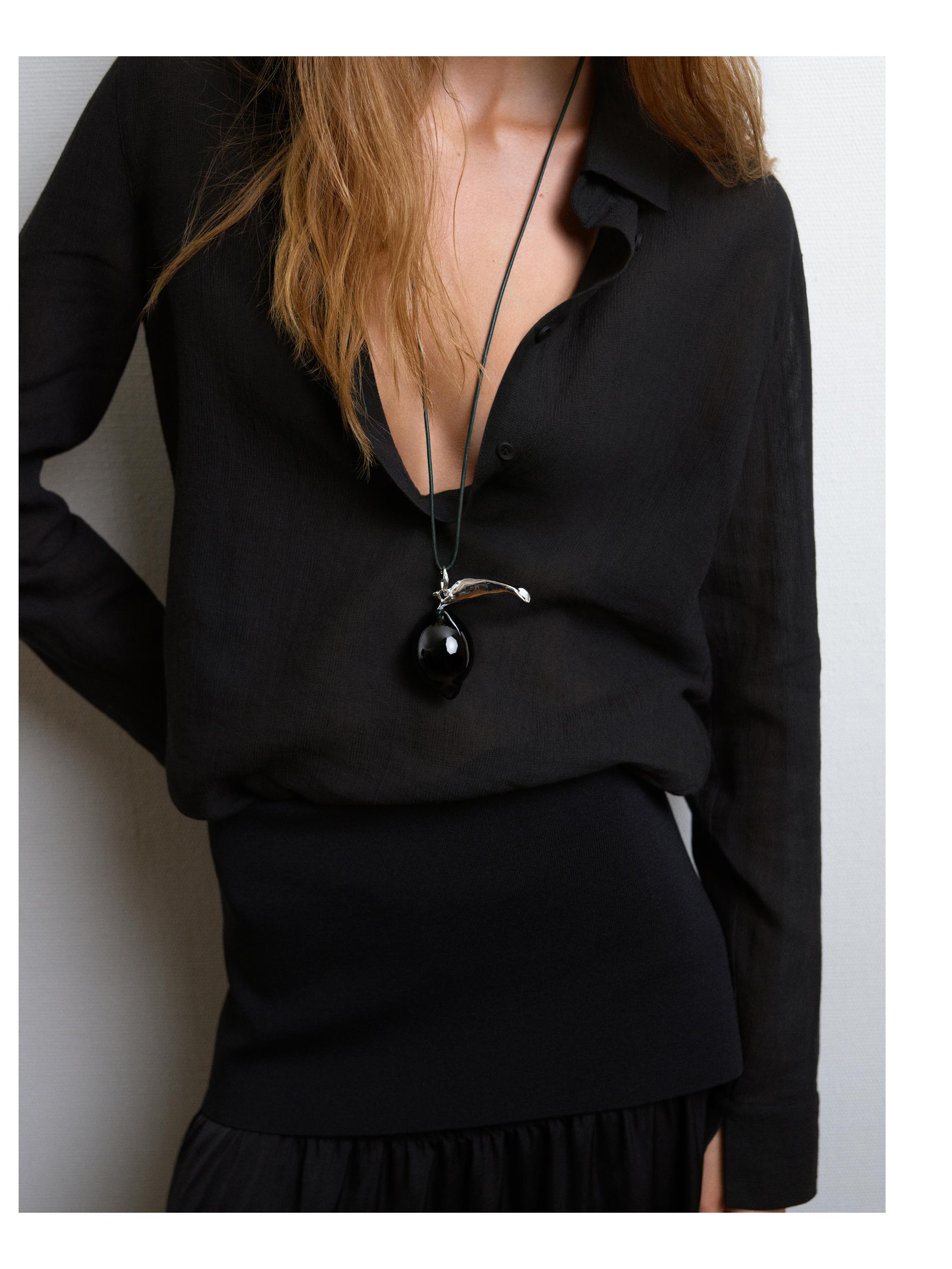 Flowing cotton blend V-neck shirt — BROWN