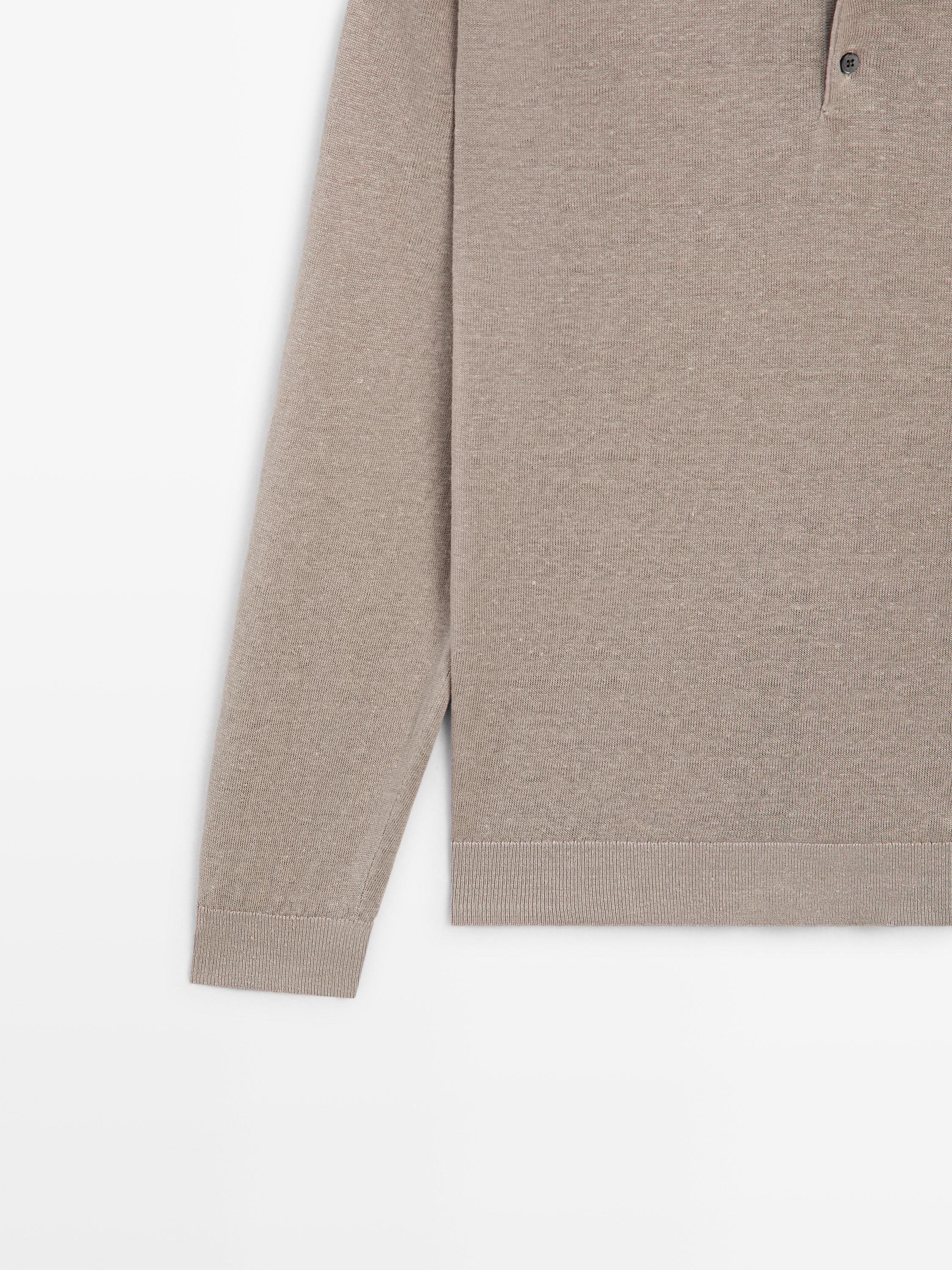 100% linen knit polo collar sweater — STONE