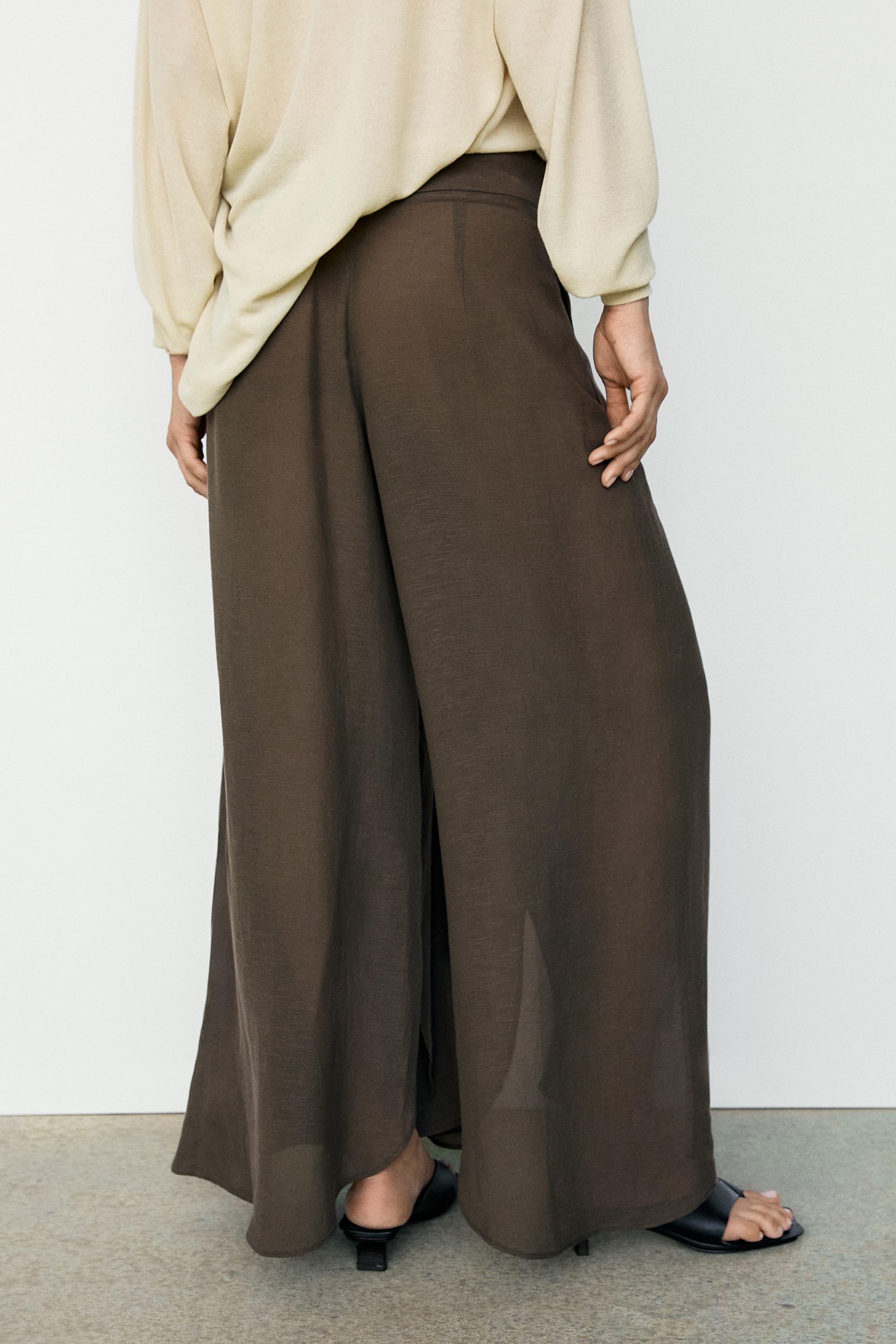 Semi-sheer linen blend skort — BROWN