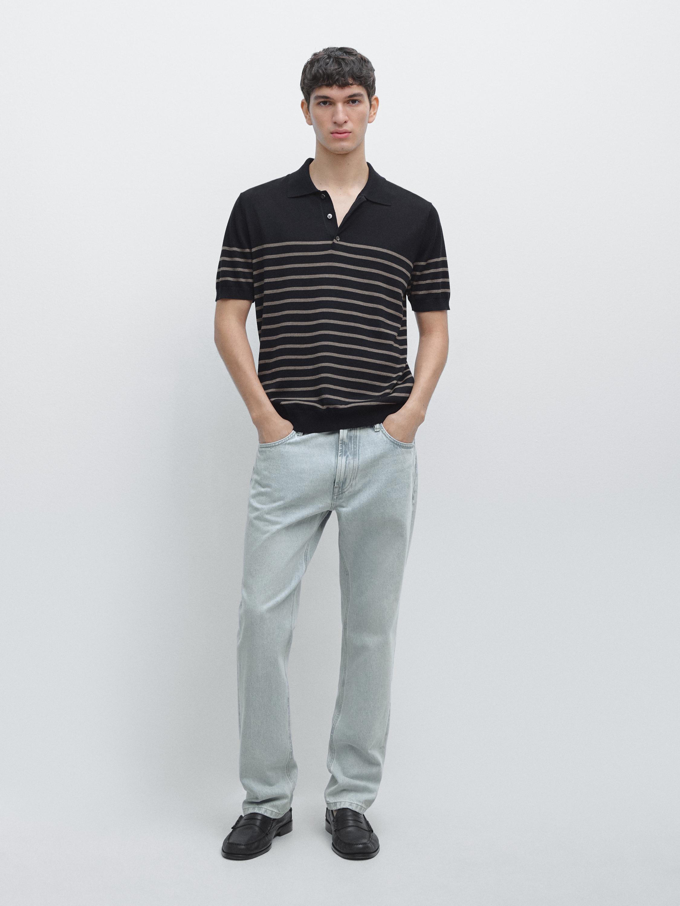 Striped cotton blend knit polo shirt