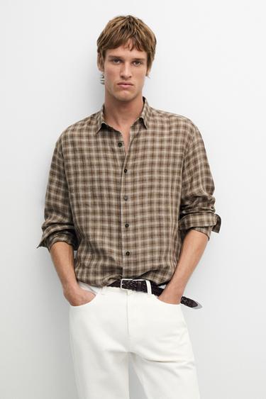100% linen regular fit check shirt — BROWN MARL 3