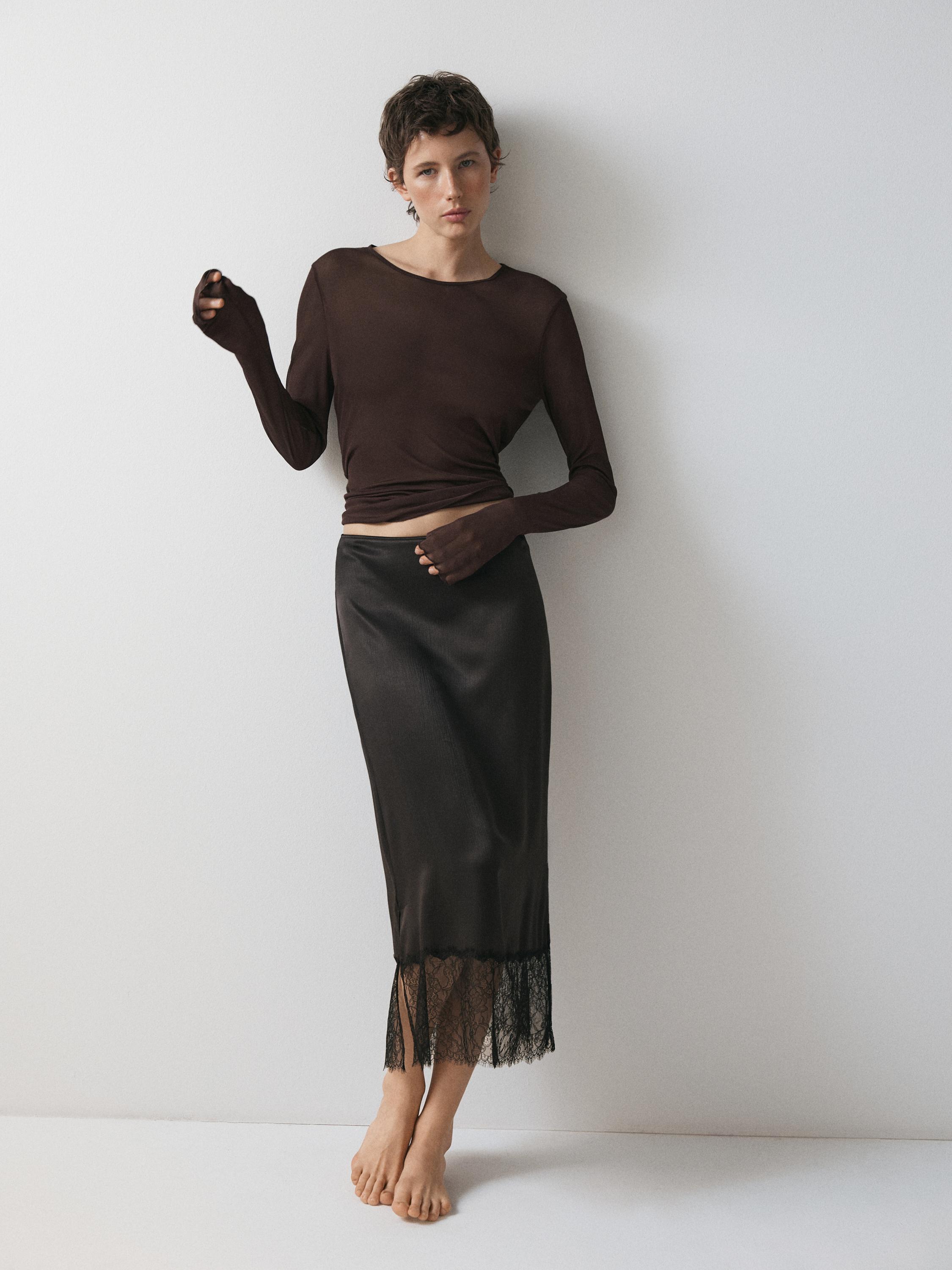 Long sleeve silk T-shirt — BROWN